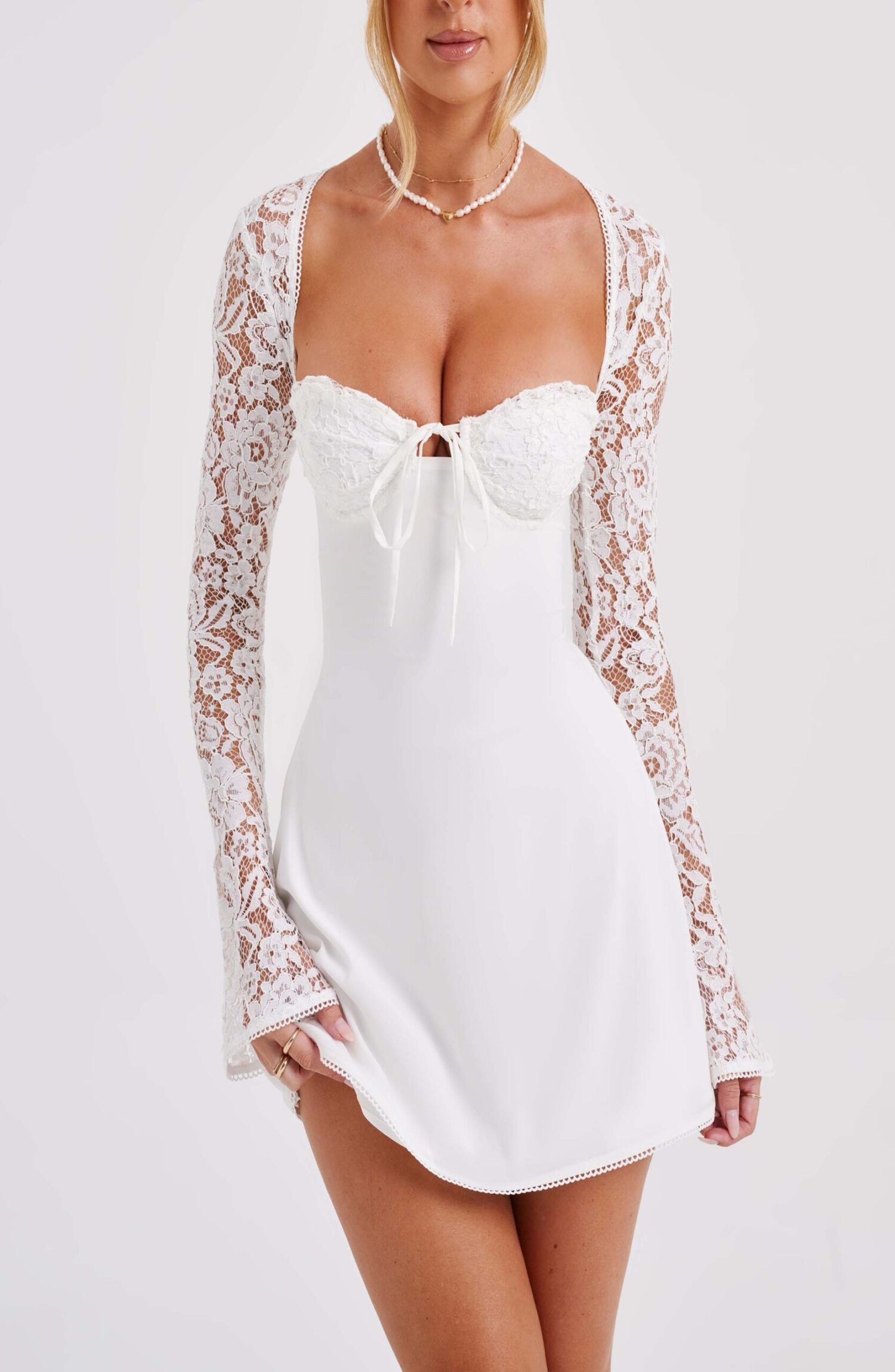 Jacinta Ivory Floral Lace Mini Dress with Flared Sleeves - Image 4