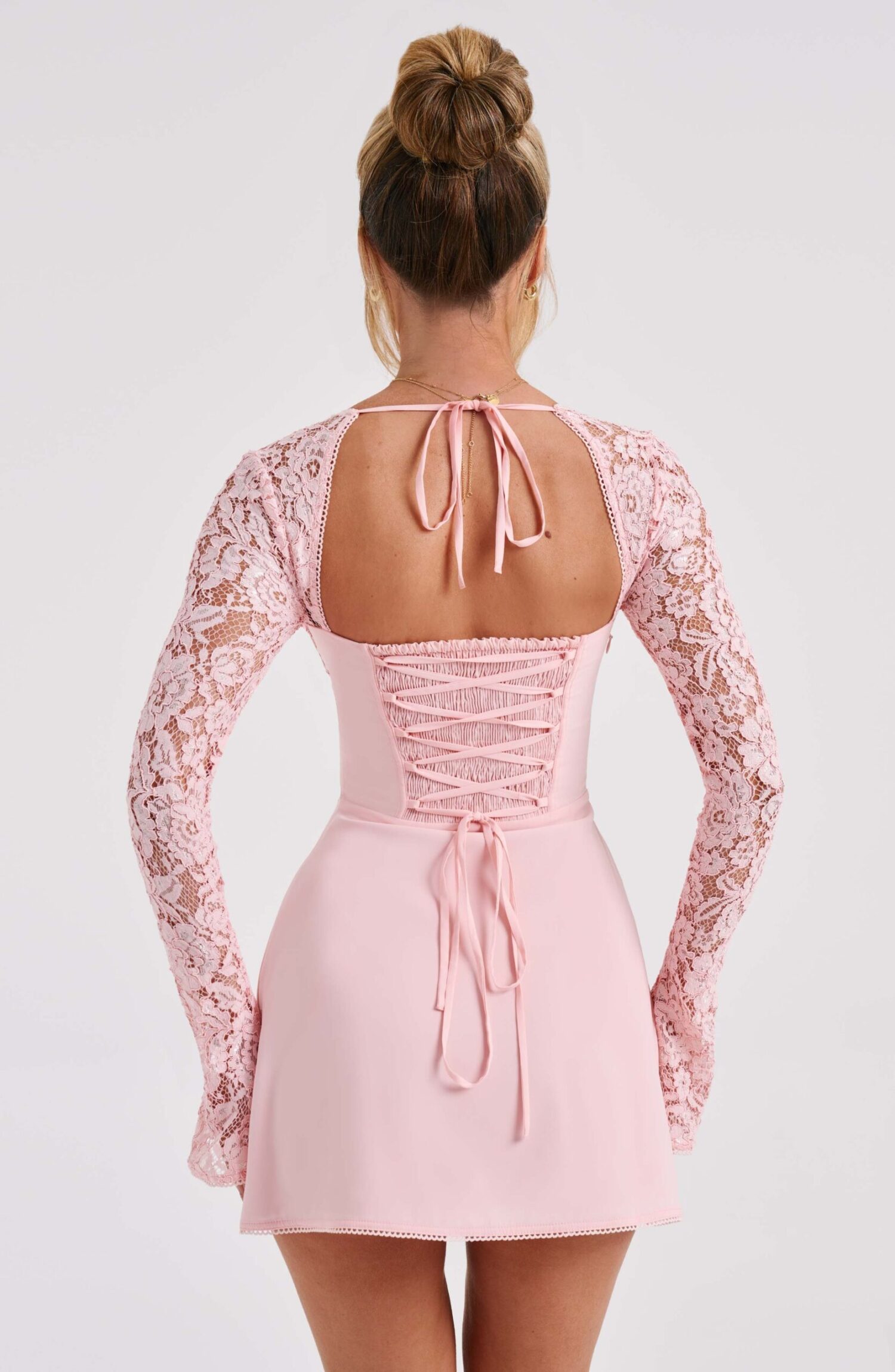 Jacinta Mini Dress Blush Floral Lace Long Sleeve Milkmaid - Image 3