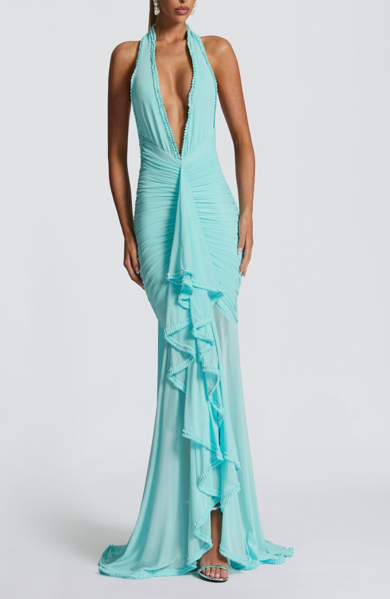 Janessa Aqua Maxi Dress: Halter Neck, Plunge, Stretch Mesh, Ruffle Detail - Image 9