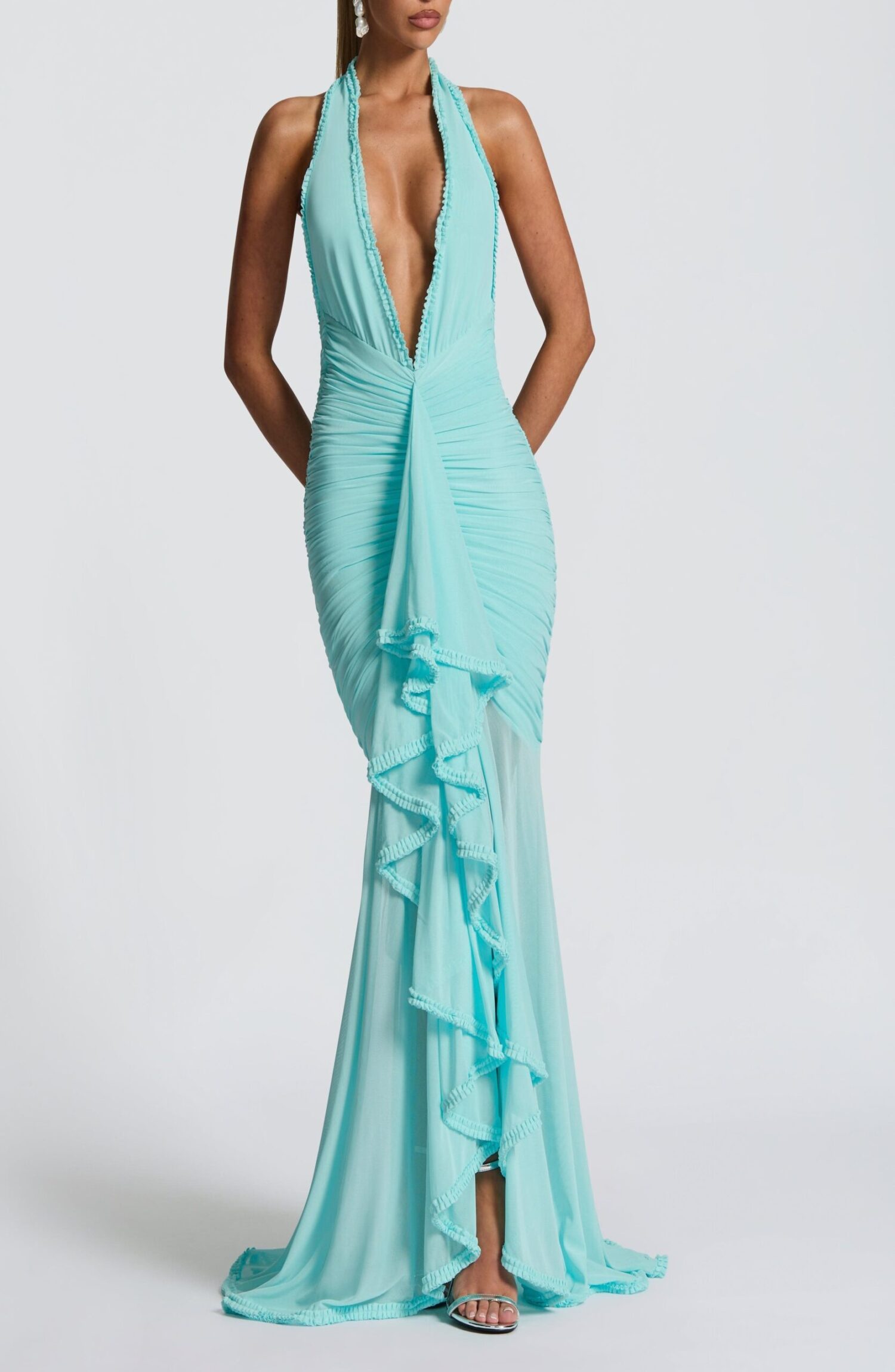 Janessa Aqua Maxi Dress: Halter Neck, Plunge, Stretch Mesh, Ruffle Detail - Image 8