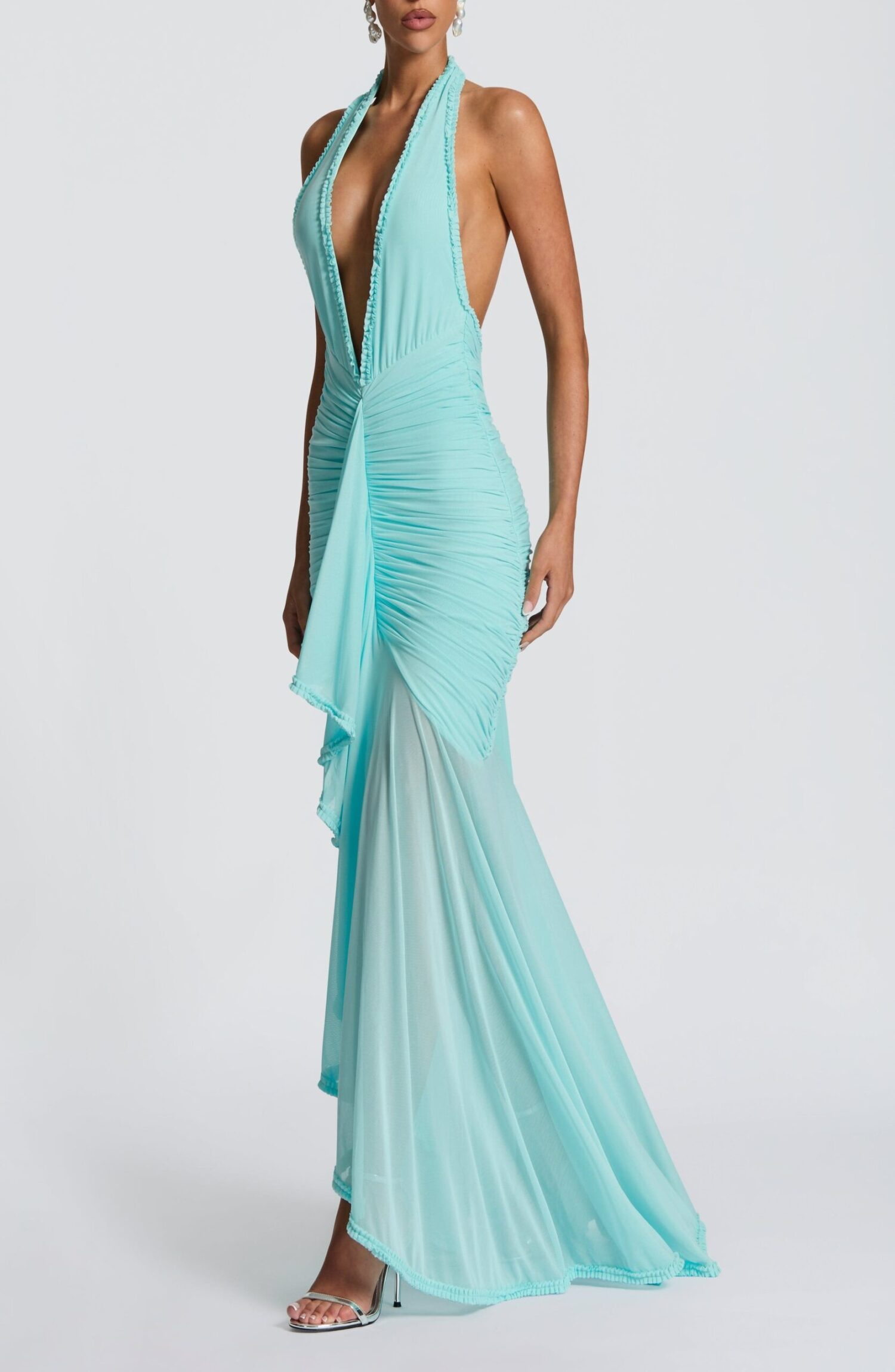 Janessa Aqua Maxi Dress: Halter Neck, Plunge, Stretch Mesh, Ruffle Detail - Image 3