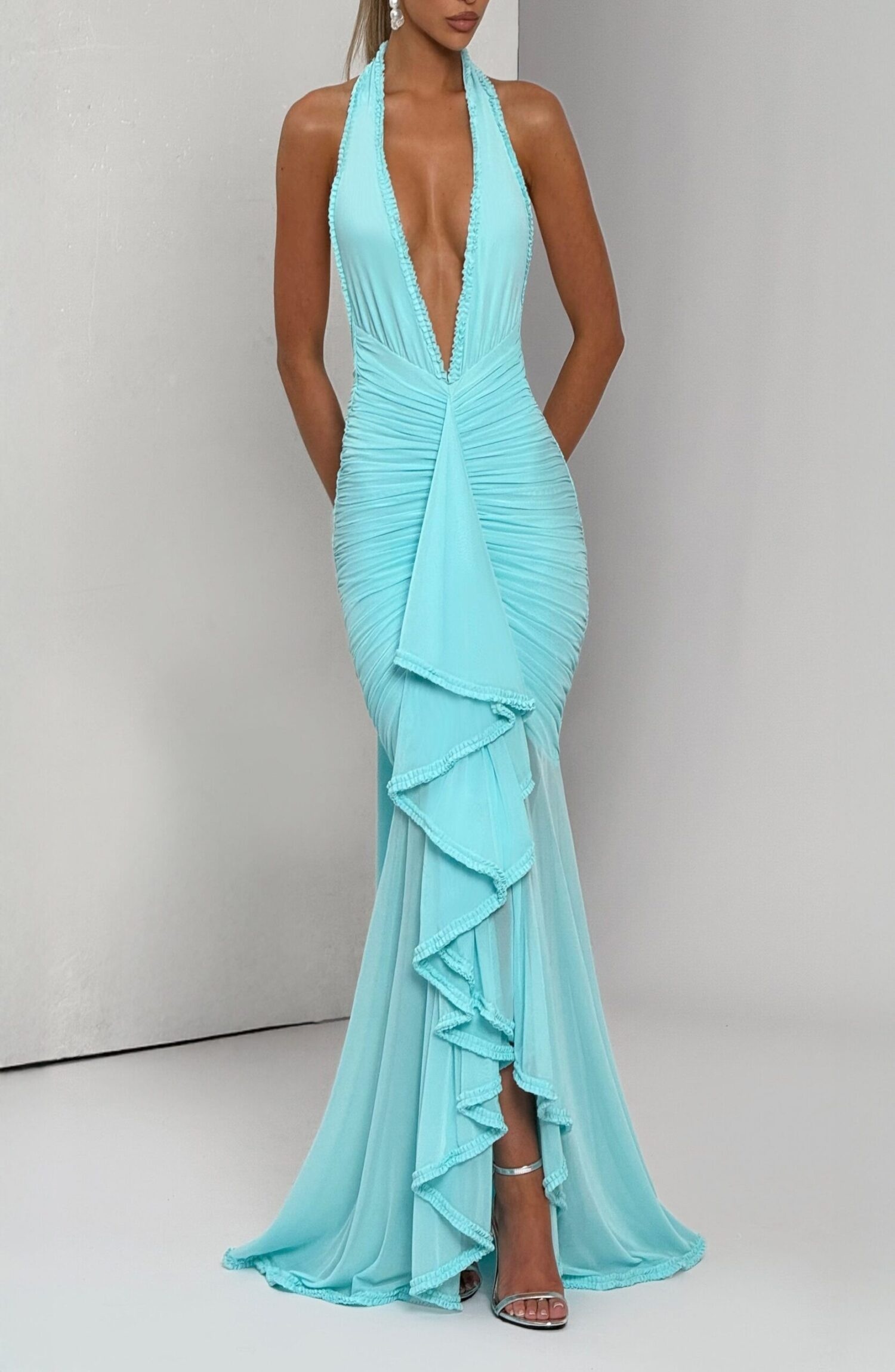 Janessa Aqua Maxi Dress: Halter Neck, Plunge, Stretch Mesh, Ruffle Detail - Image 6