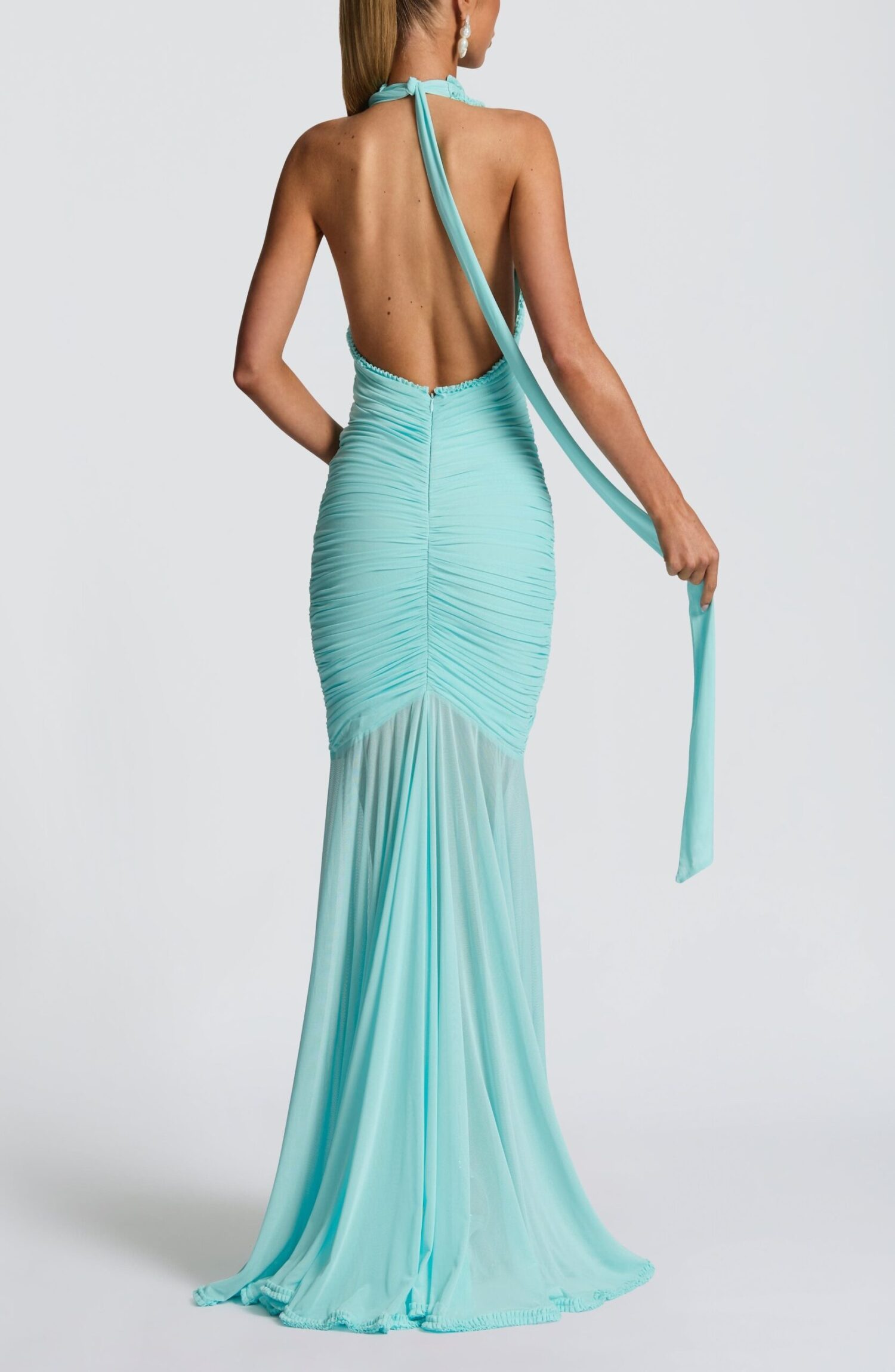 Janessa Aqua Maxi Dress: Halter Neck, Plunge, Stretch Mesh, Ruffle Detail - Image 4