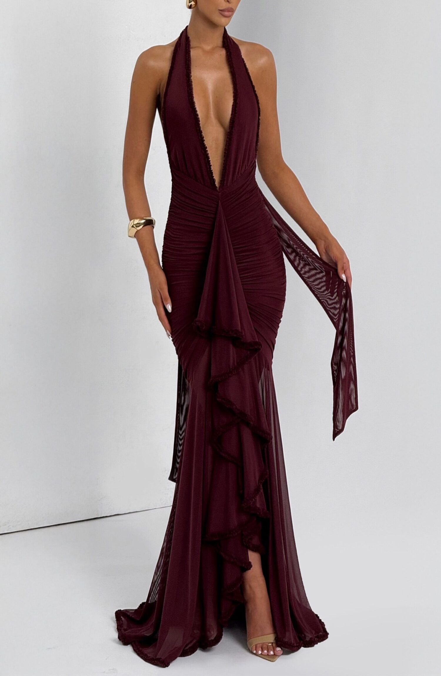Janessa Maxi Dress Cherry Lacquer Halter Neck Ruffle Stretch Mesh - Image 4