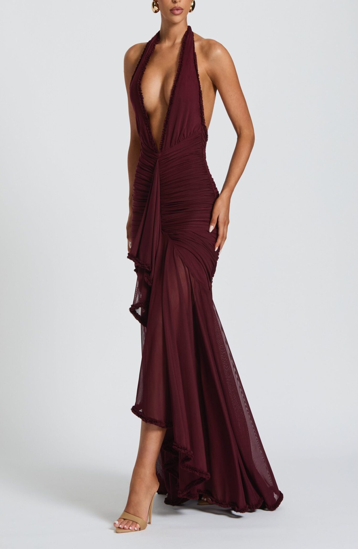 Janessa Maxi Dress Cherry Lacquer Halter Neck Ruffle Stretch Mesh - Image 5