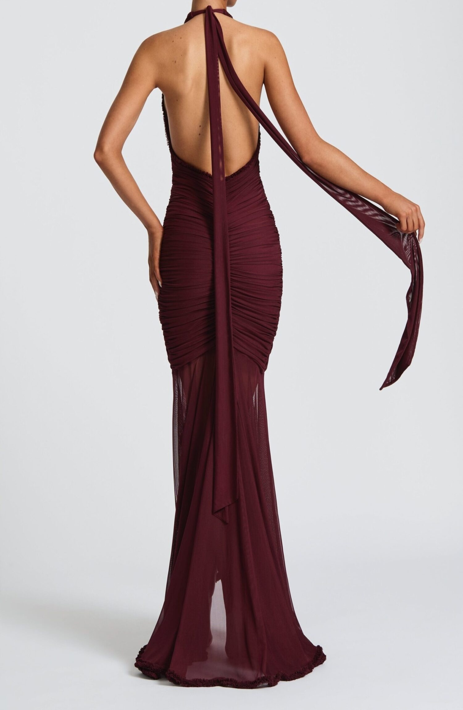 Janessa Maxi Dress Cherry Lacquer Halter Neck Ruffle Stretch Mesh - Image 3