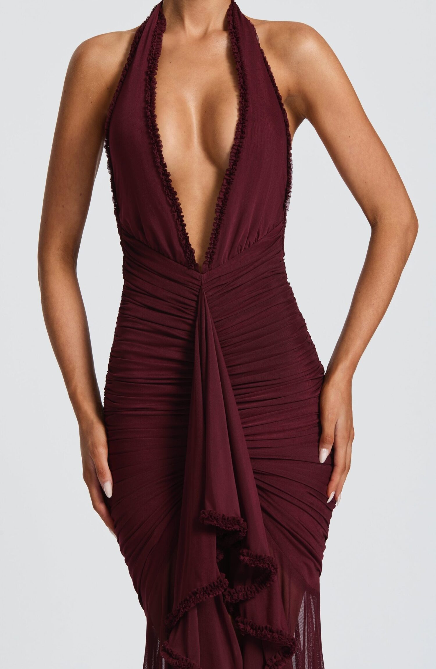 Janessa Maxi Dress Cherry Lacquer Halter Neck Ruffle Stretch Mesh - Image 7