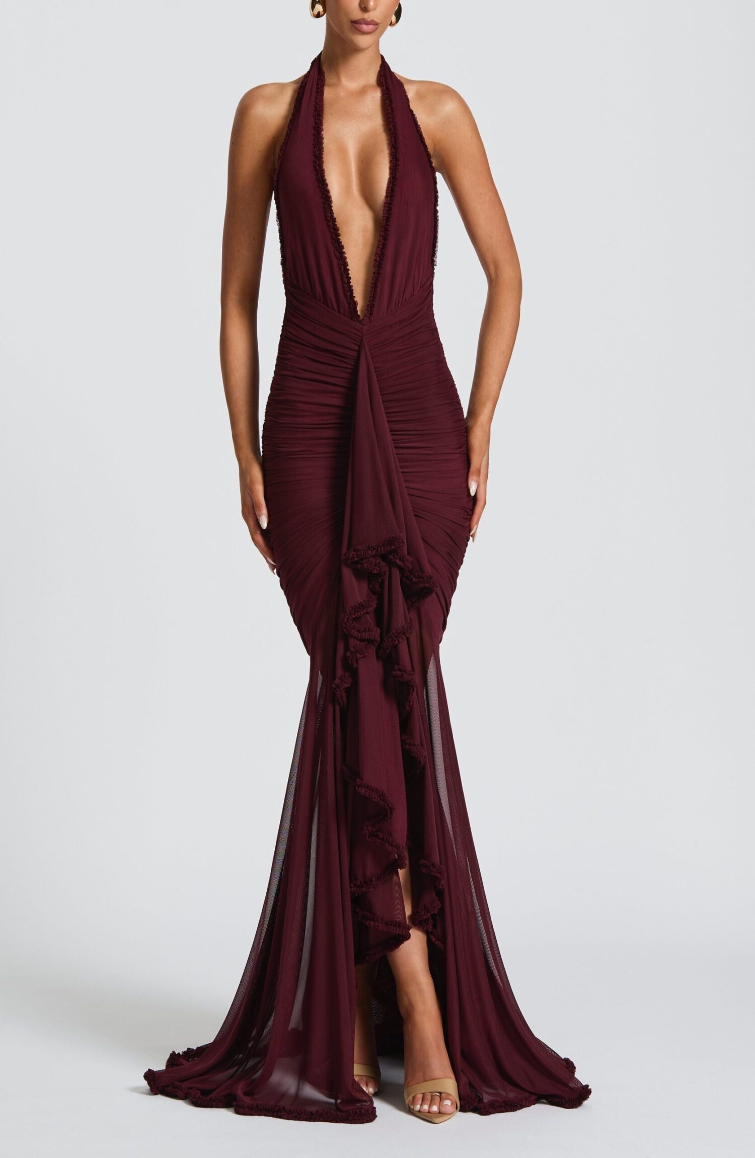 Janessa Maxi Dress Cherry Lacquer Halter Neck Ruffle Stretch Mesh - Image 6