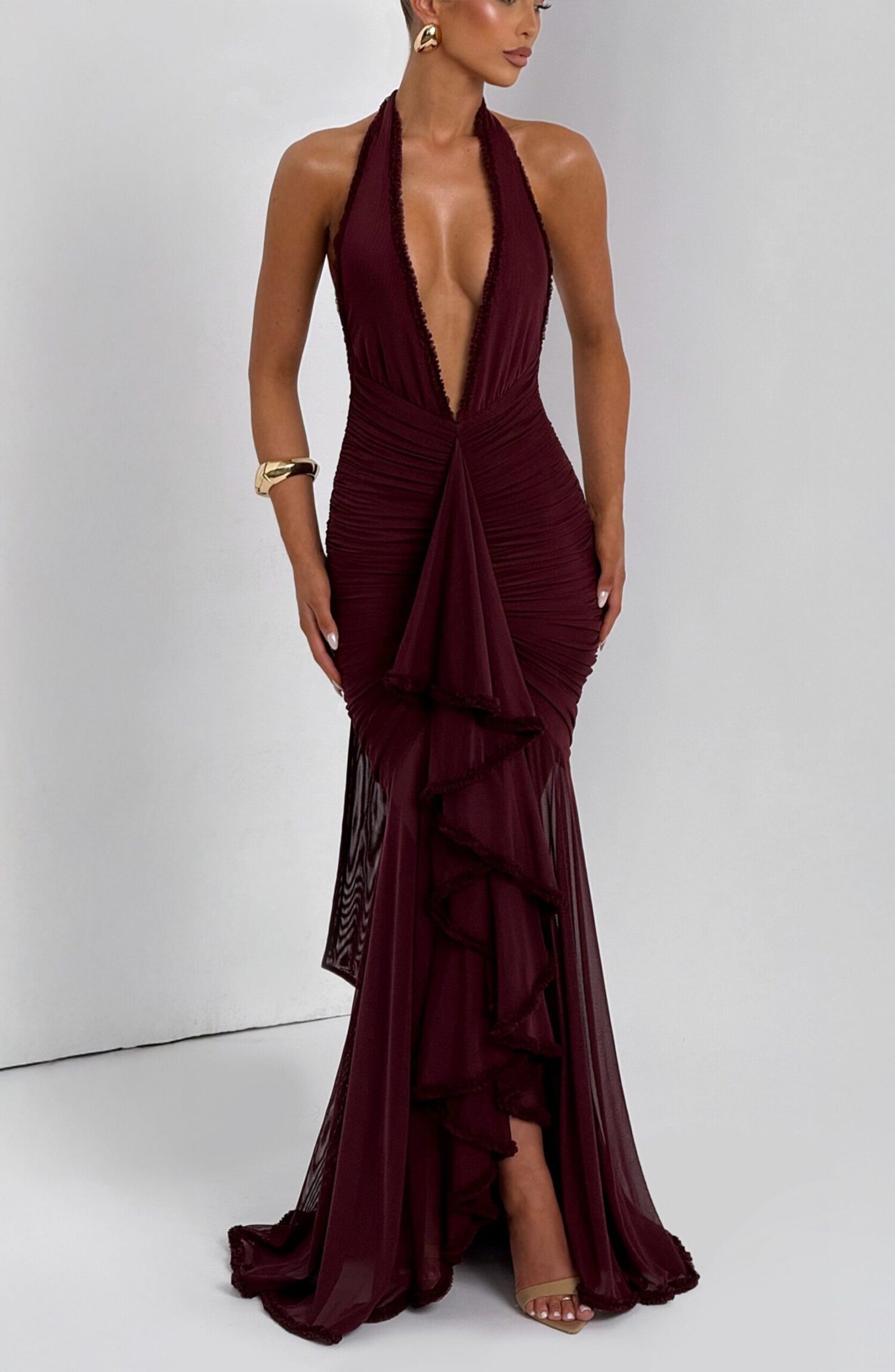 Janessa Maxi Dress Cherry Lacquer Halter Neck Ruffle Stretch Mesh - Image 8