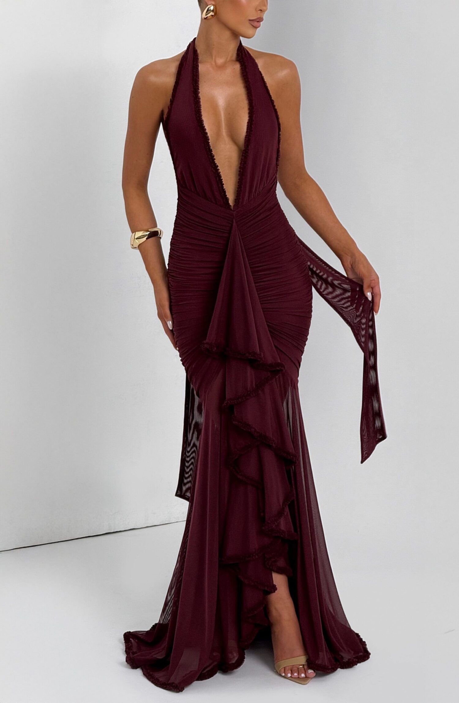 Janessa Maxi Dress Cherry Lacquer Halter Neck Ruffle Stretch Mesh