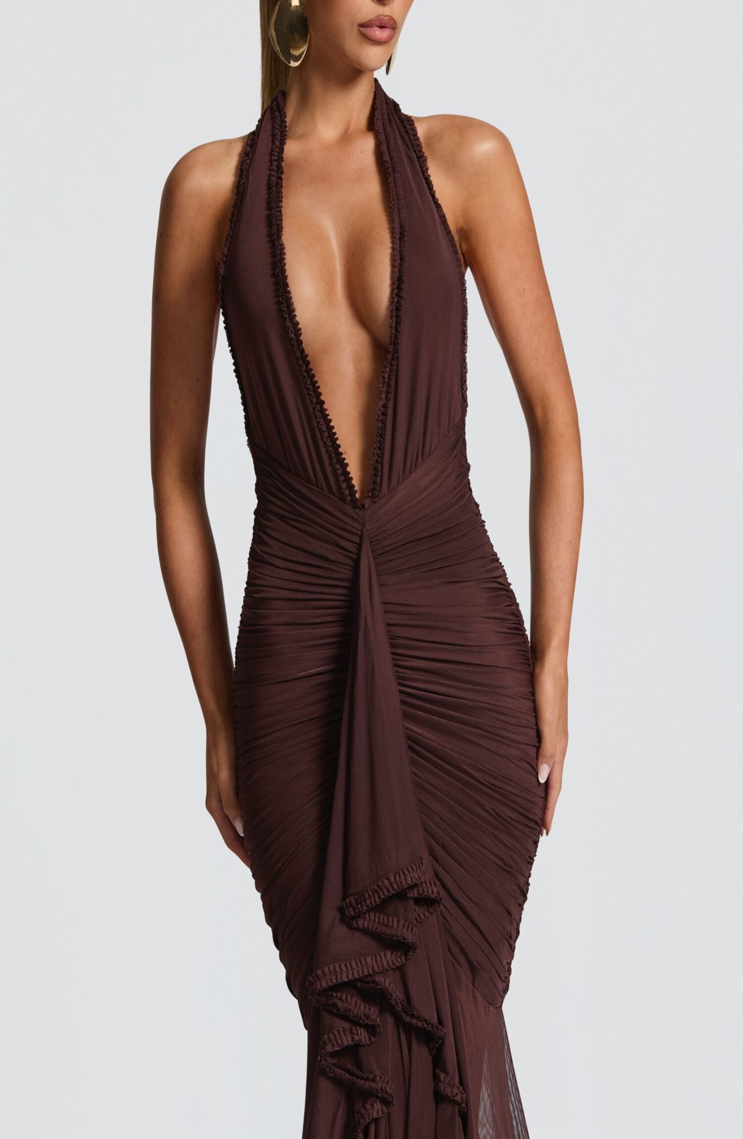 Janessa Maxi Dress Plum Brown Halter Neck Ruffle Split Mesh - Image 7