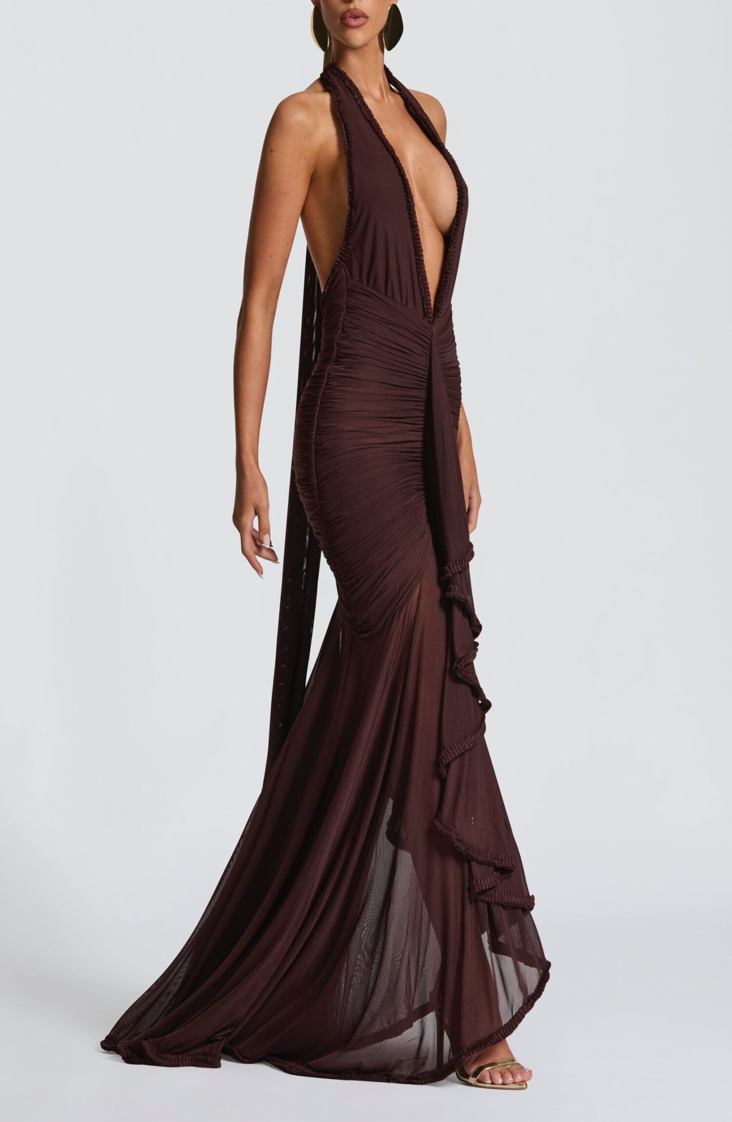 Janessa Maxi Dress Plum Brown Halter Neck Ruffle Split Mesh - Image 3