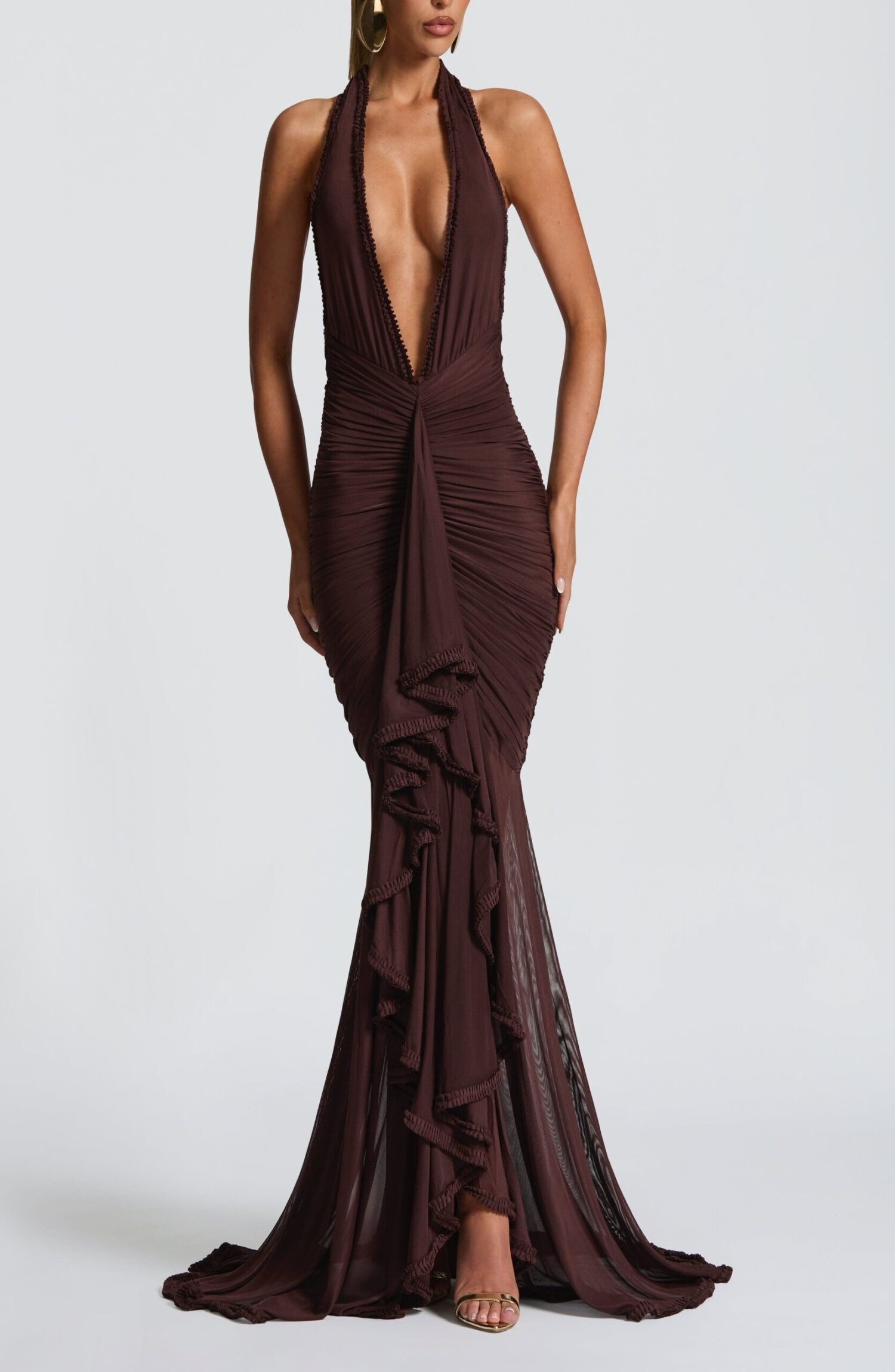 Janessa Maxi Dress Plum Brown Halter Neck Ruffle Split Mesh