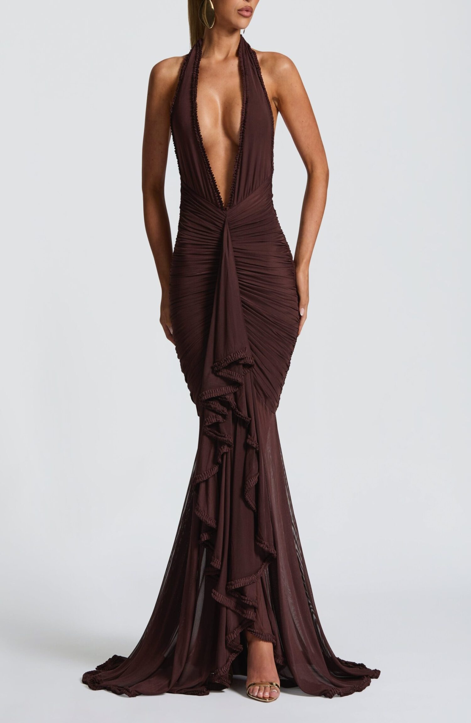 Janessa Maxi Dress Plum Brown Halter Neck Ruffle Split Mesh - Image 8