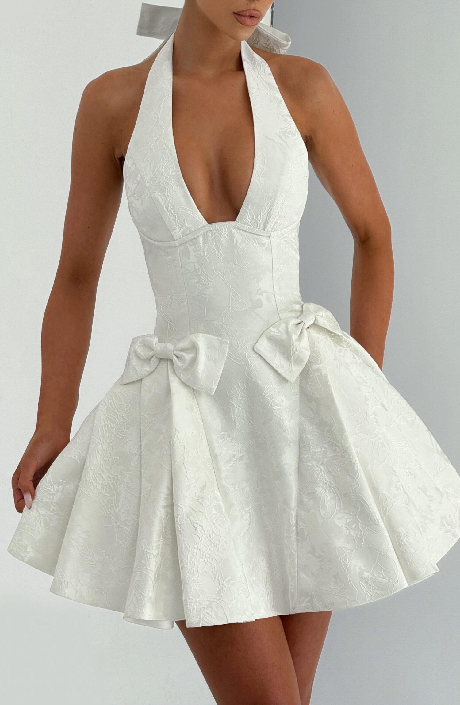 Jocelyn Ivory Floral Jacquard Plunge Halter Mini Dress with Bows