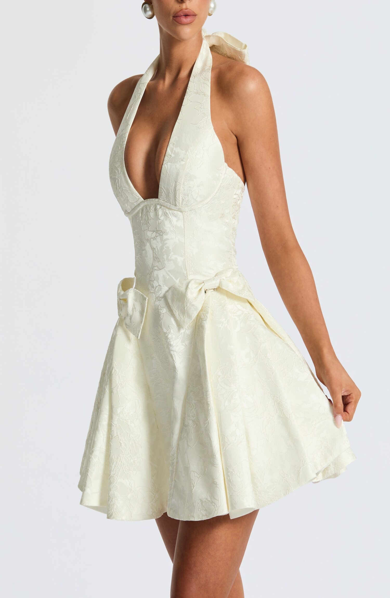 Jocelyn Ivory Floral Jacquard Plunge Halter Mini Dress with Bows - Image 10