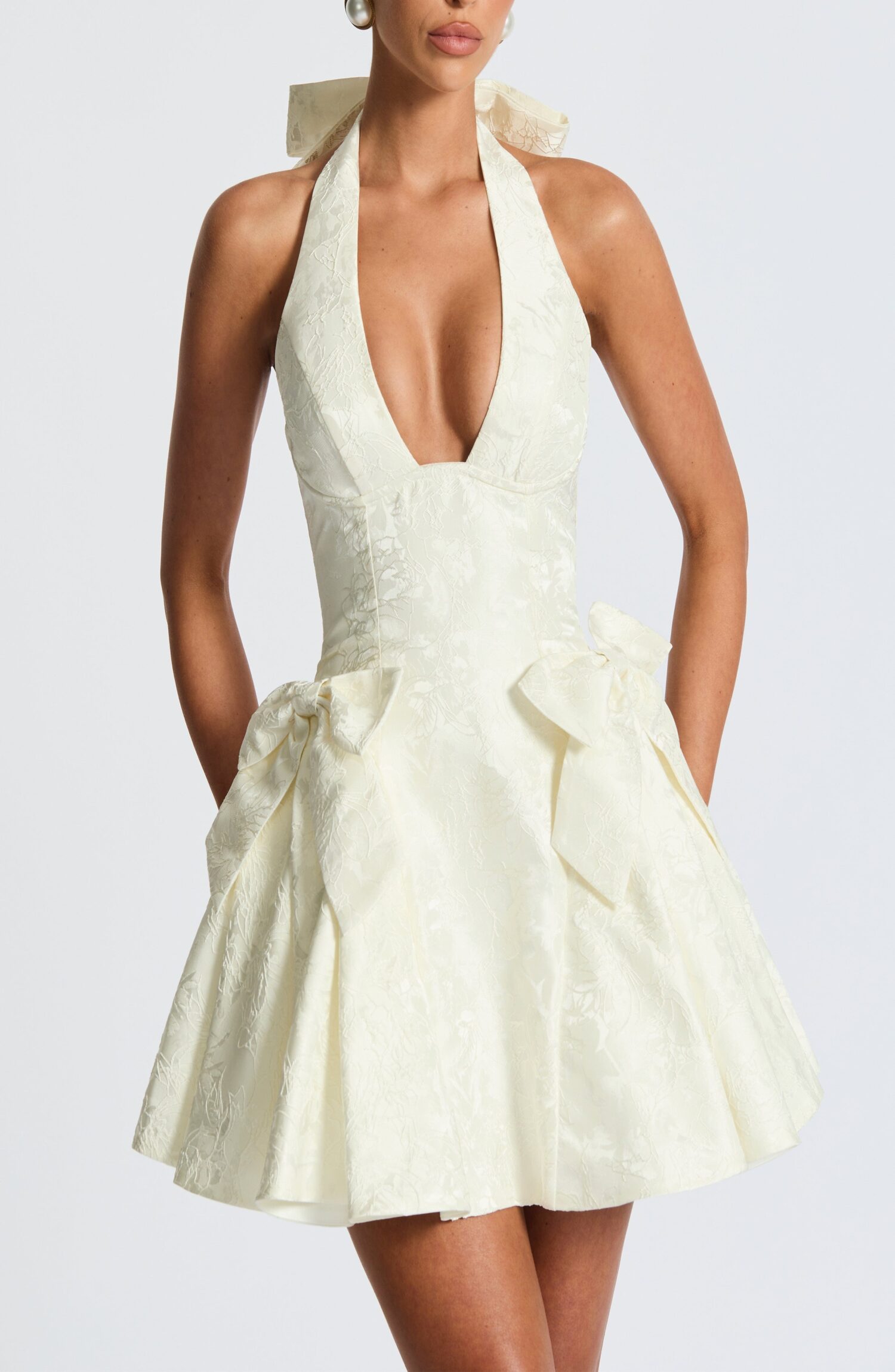 Jocelyn Ivory Floral Jacquard Plunge Halter Mini Dress with Bows - Image 4