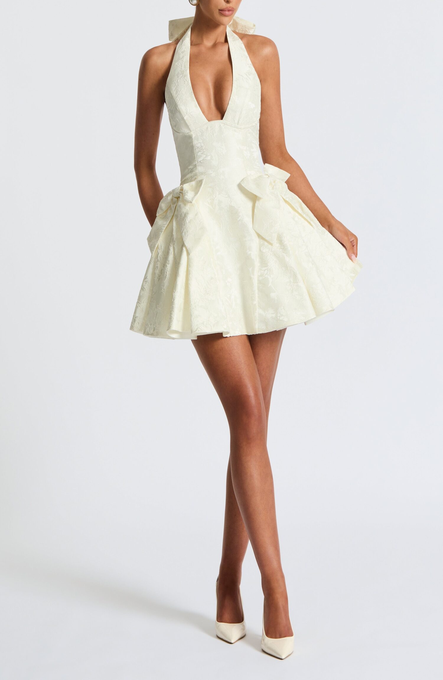 Jocelyn Ivory Floral Jacquard Plunge Halter Mini Dress with Bows - Image 7