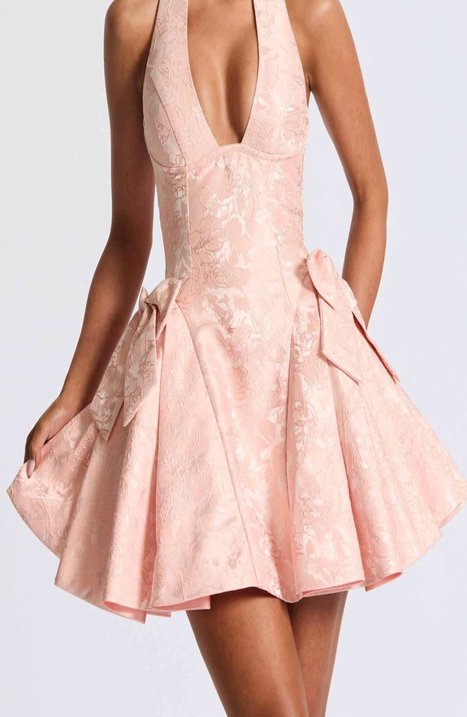 Jocelyn Mini Dress Soft Peach Halter Neck Floral Jacquard Lace Up Bows - Image 6