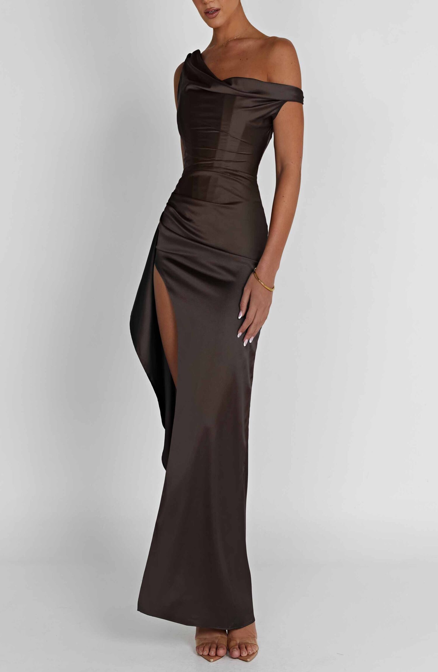 Juliene Charcoal Maxi Dress - Satin Corset Asymmetric Neckline - Image 4