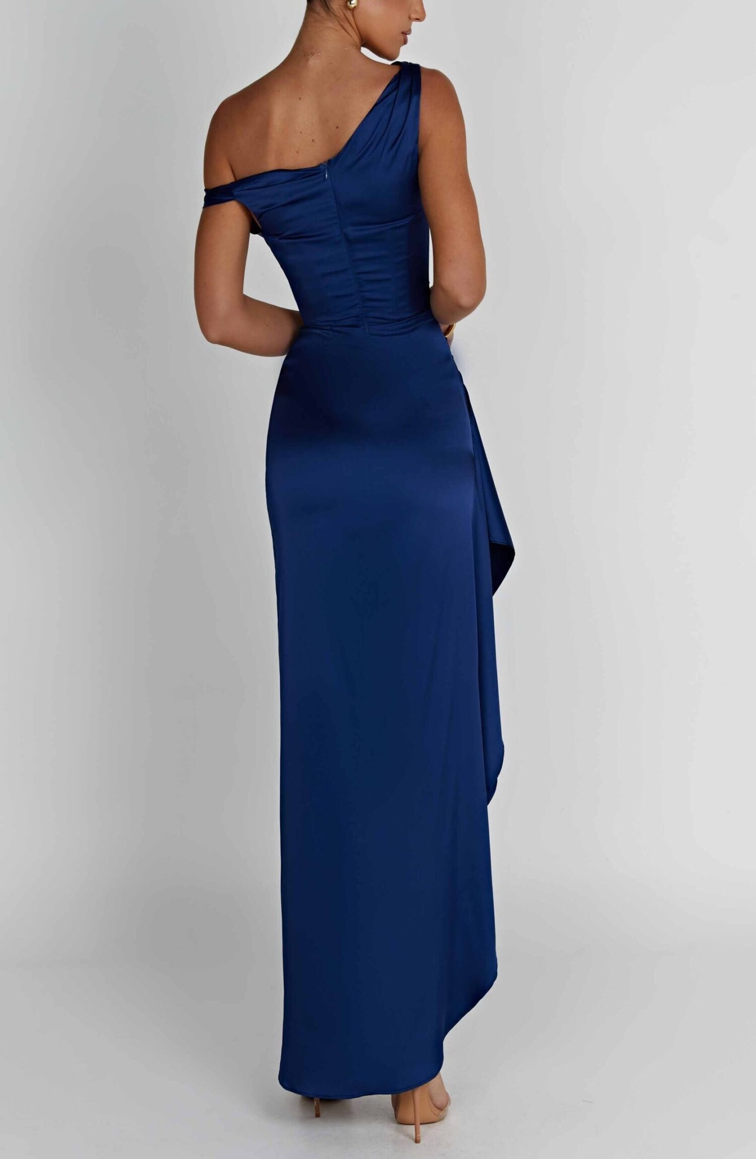 Juliene Navy Satin Maxi Dress with Corset & Drape Detail - Image 10