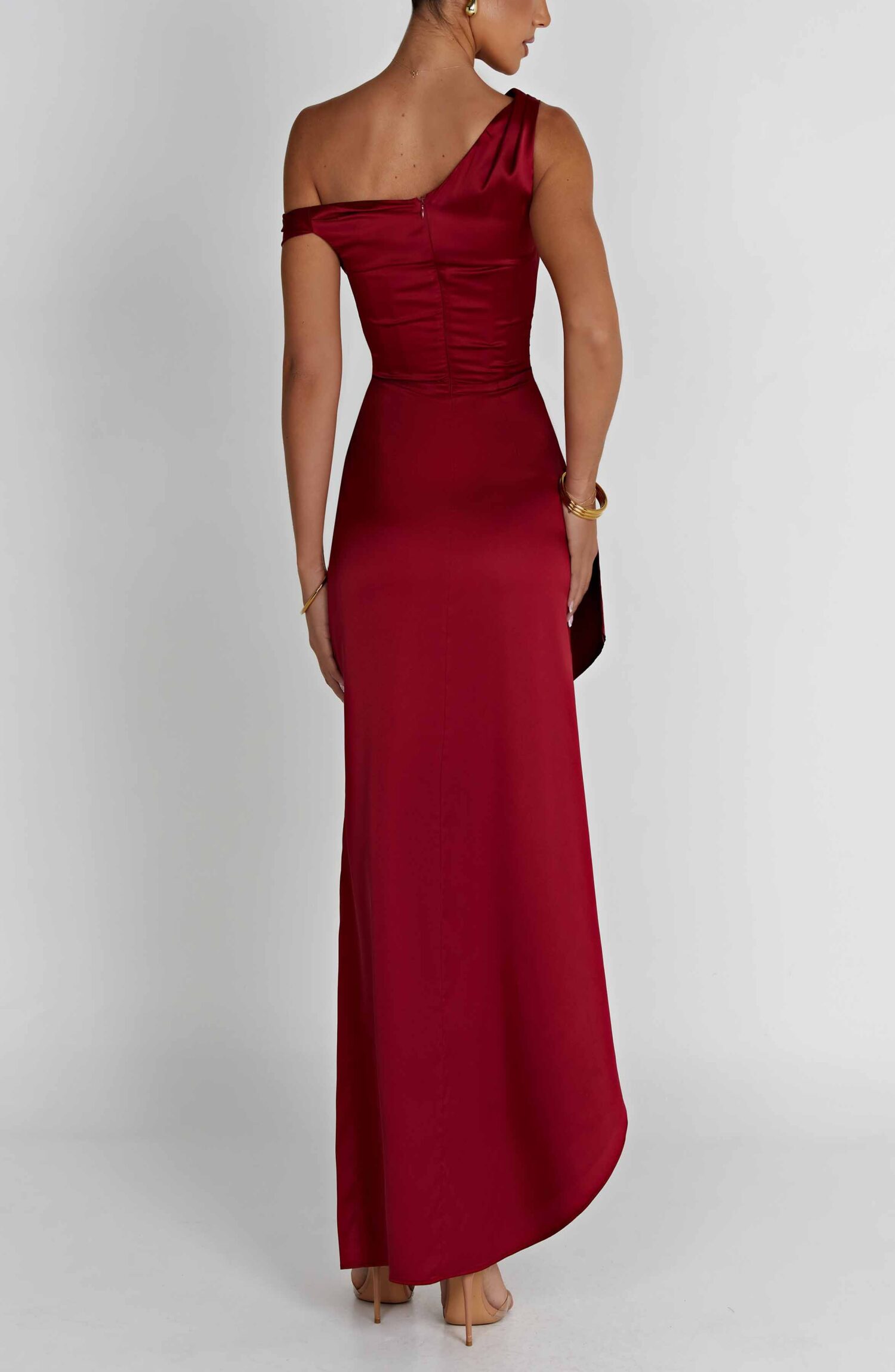 Juliene Wine Maxi Dress - Romantic Satin Corset with Asymmetric Neckline & Slit - Image 4