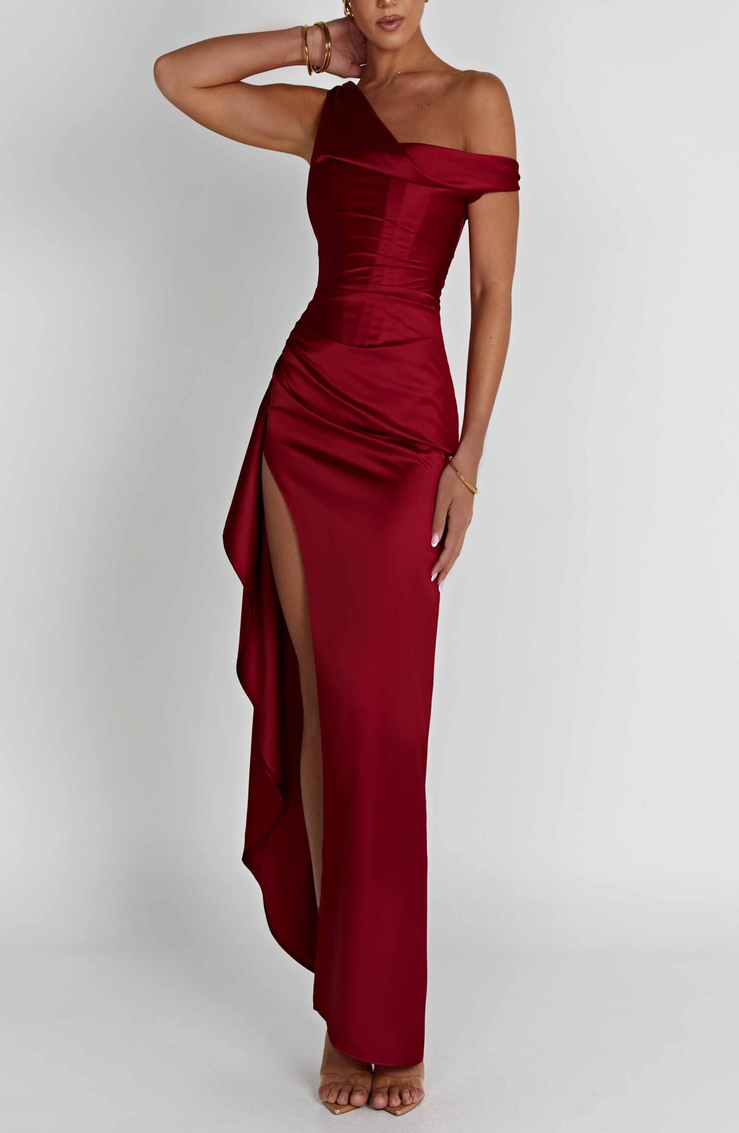 Juliene Wine Maxi Dress - Romantic Satin Corset with Asymmetric Neckline & Slit - Image 9
