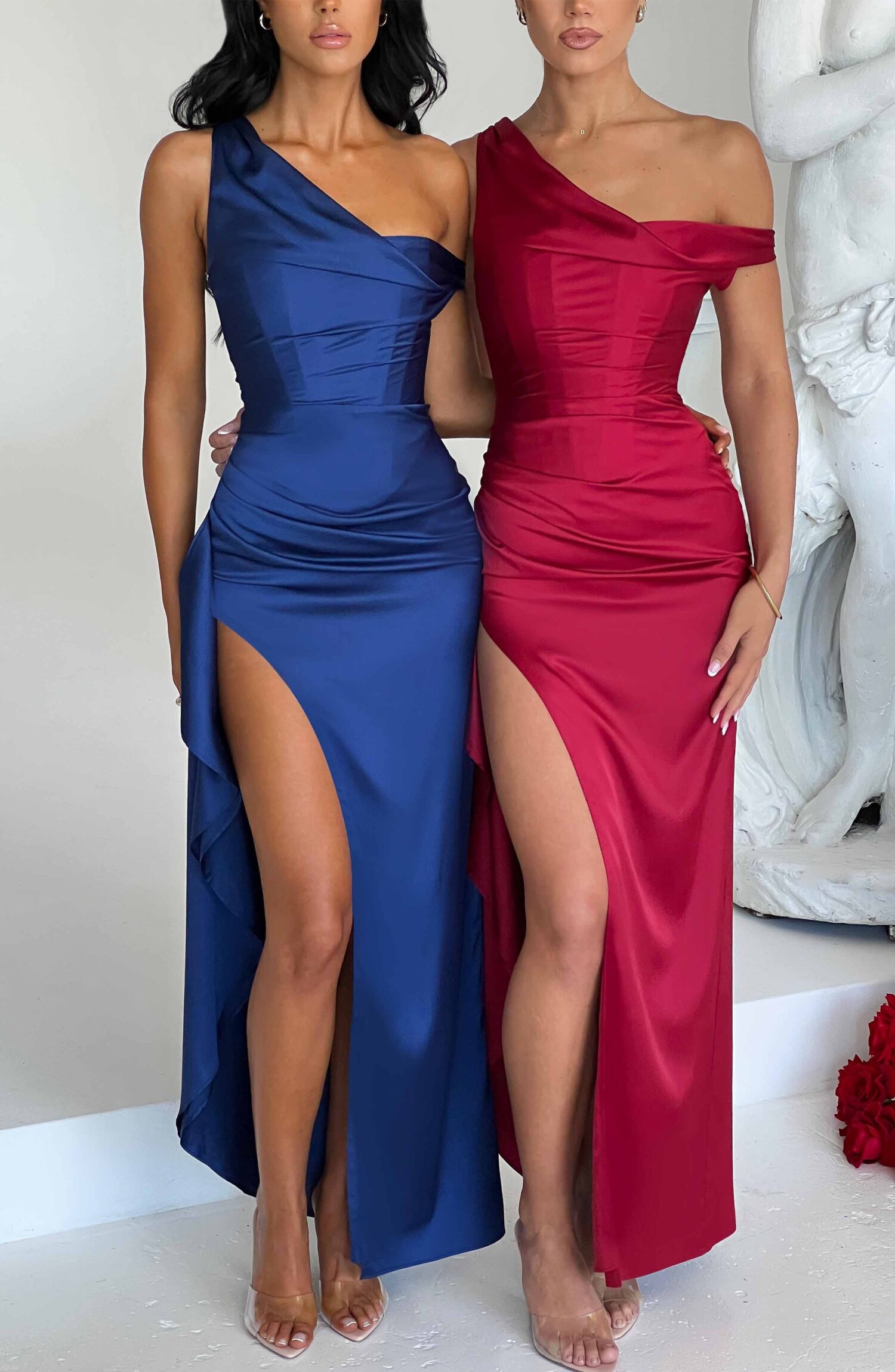 Juliene Wine Maxi Dress - Romantic Satin Corset with Asymmetric Neckline & Slit - Image 12