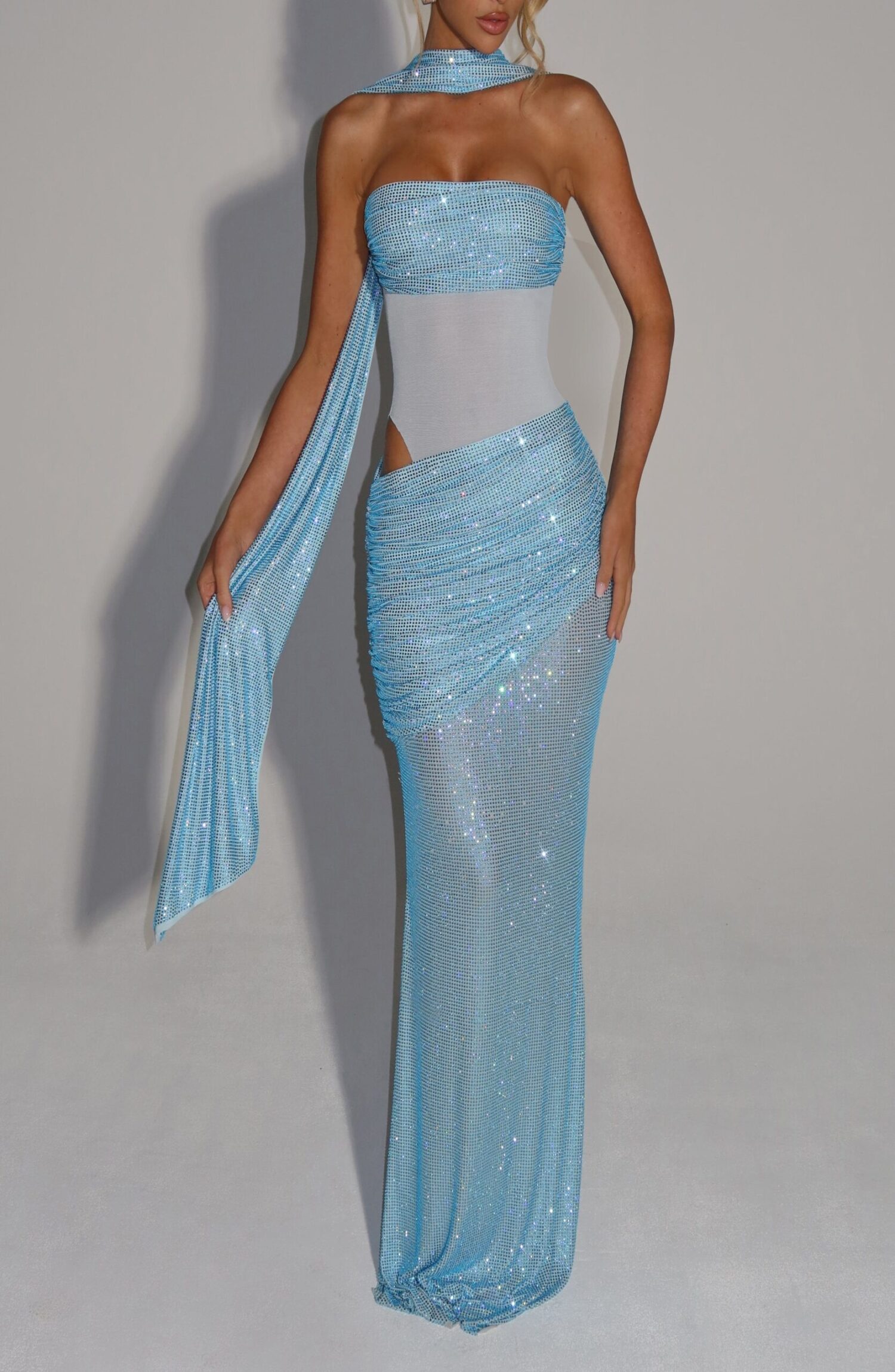 Kailani Aqua Maxi Dress: Strapless Rhinestone Mesh Evening Gown