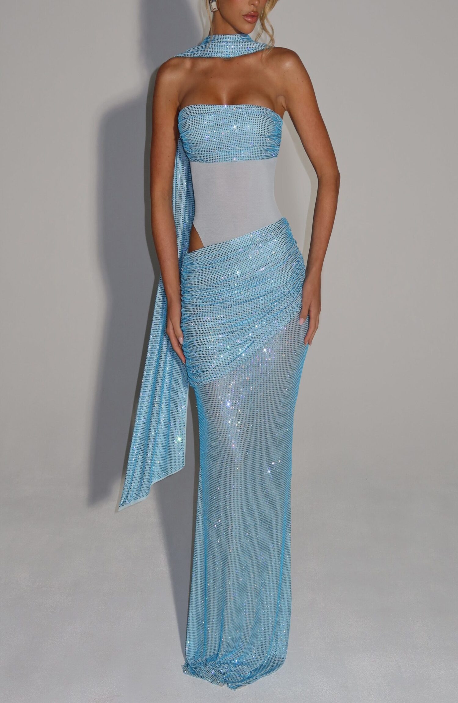 Kailani Aqua Maxi Dress: Strapless Rhinestone Mesh Evening Gown - Image 6