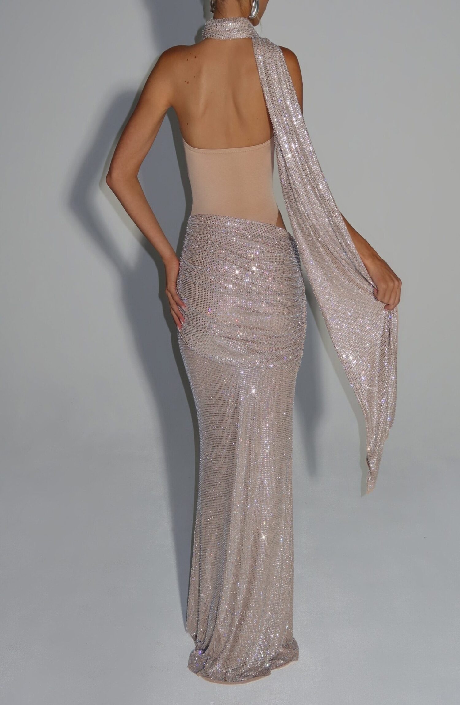 Kailani Maxi Dress Nude Strapless Ruched Rhinestone Embellished Evening Gown - Image 3