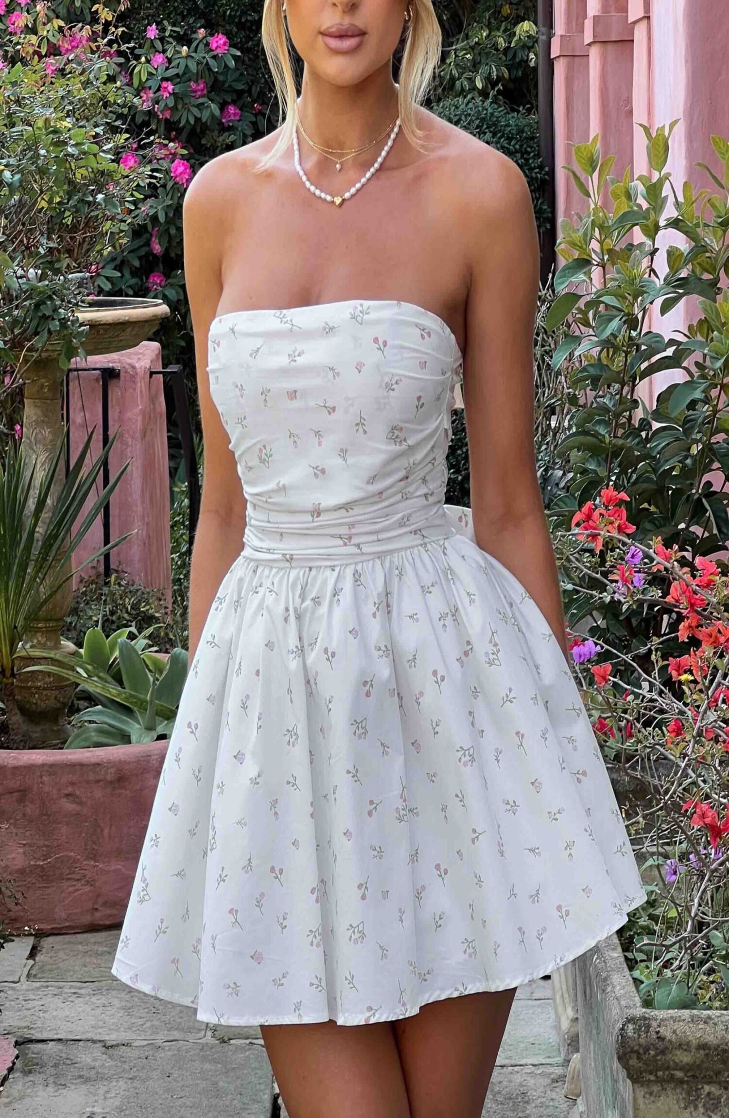 Katrina Mini Dress Blush Floral Print Strapless Corset Bow - Image 9