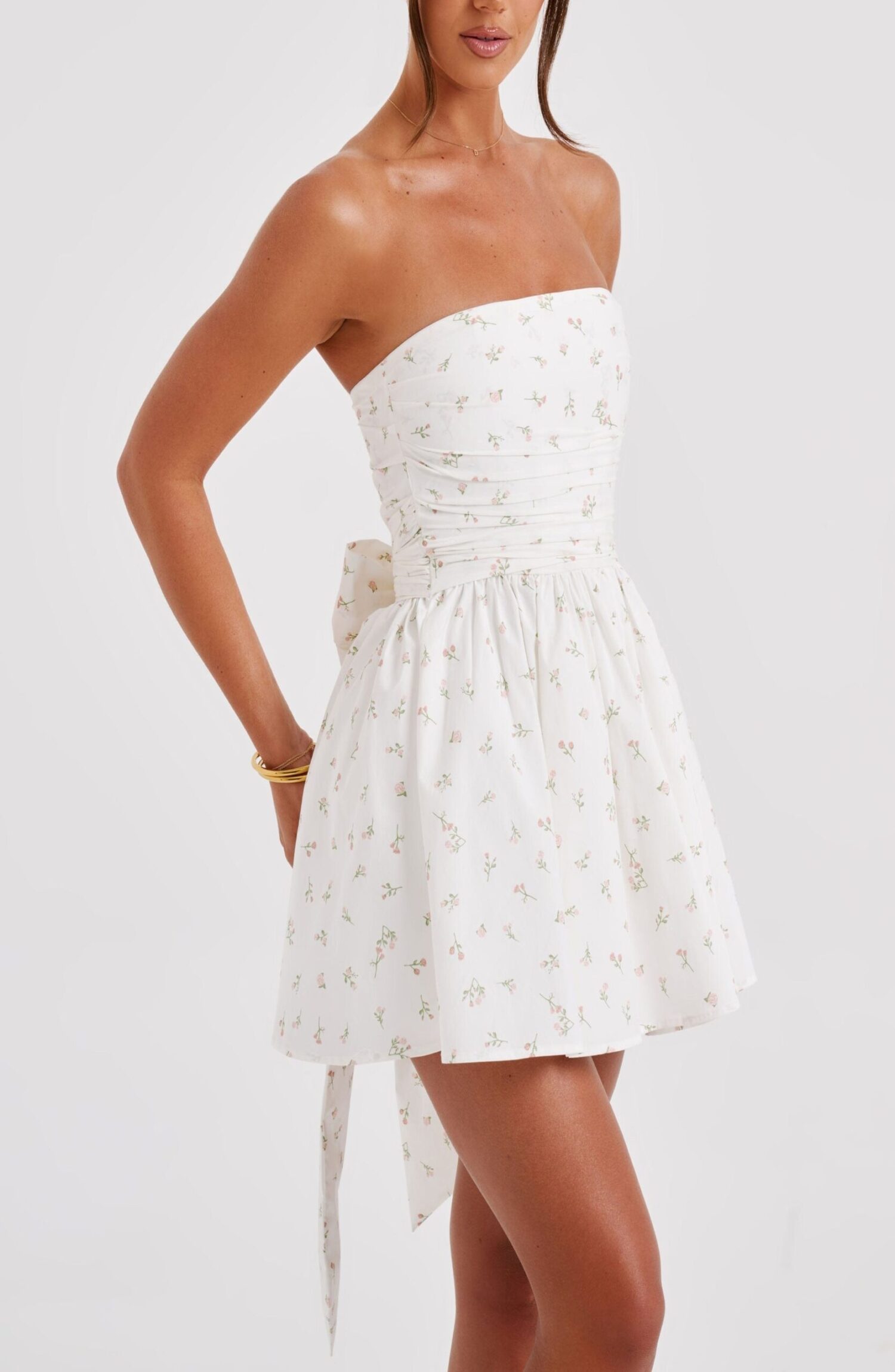 Katrina Mini Dress Blush Floral Print Strapless Corset Bow - Image 6