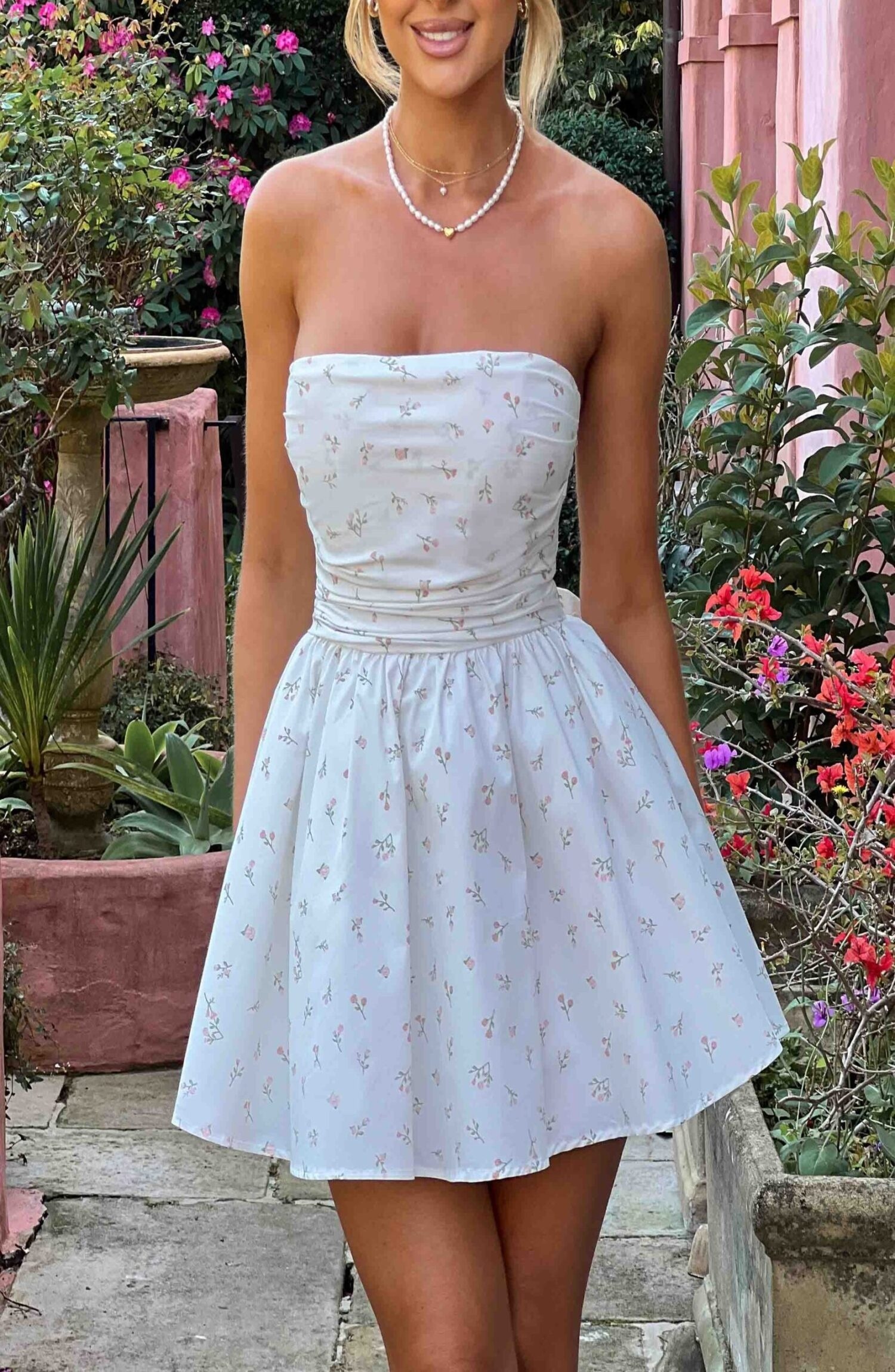 Katrina Mini Dress Blush Floral Print Strapless Corset Bow - Image 3