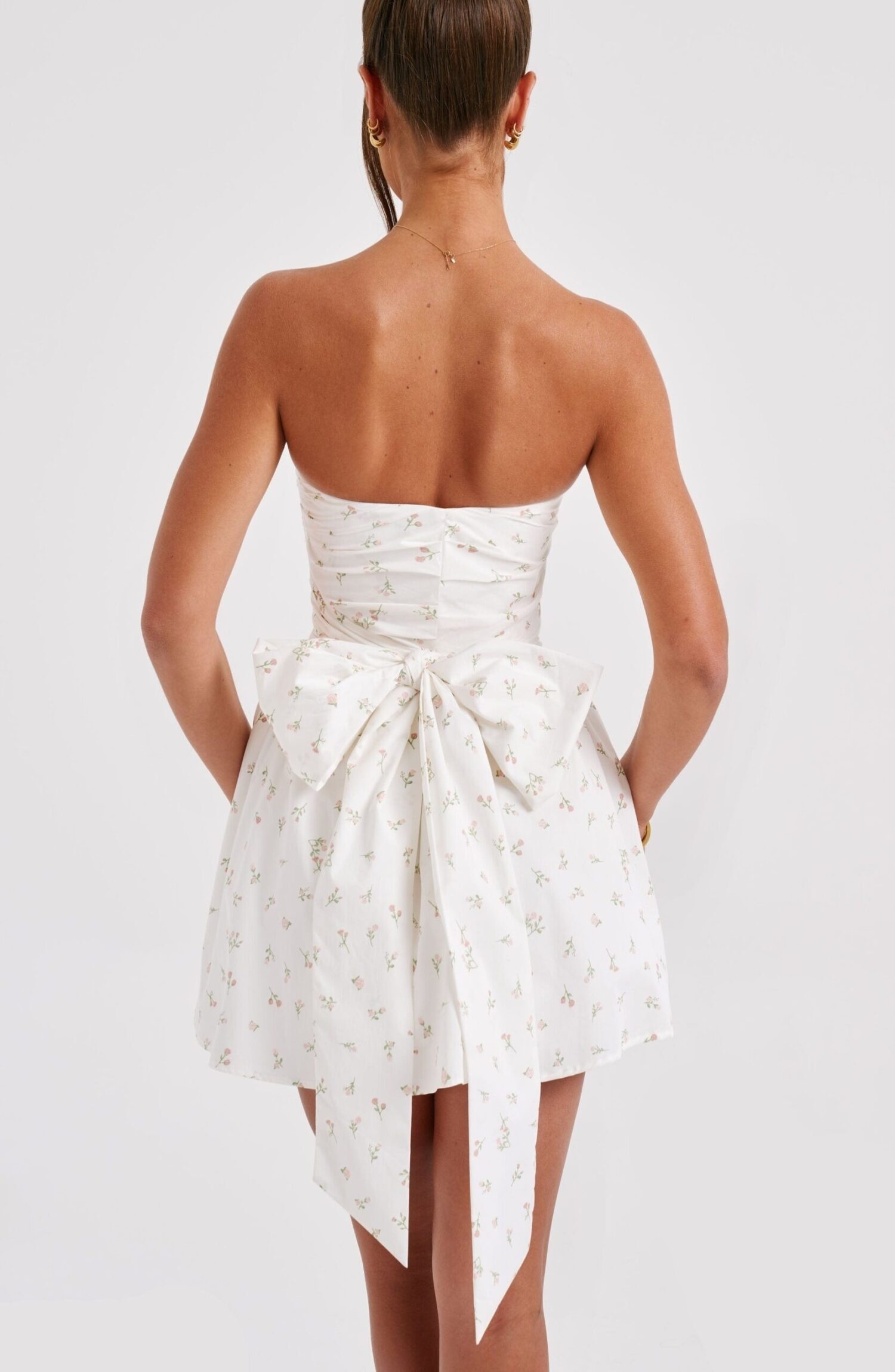 Katrina Mini Dress Blush Floral Print Strapless Corset Bow - Image 4