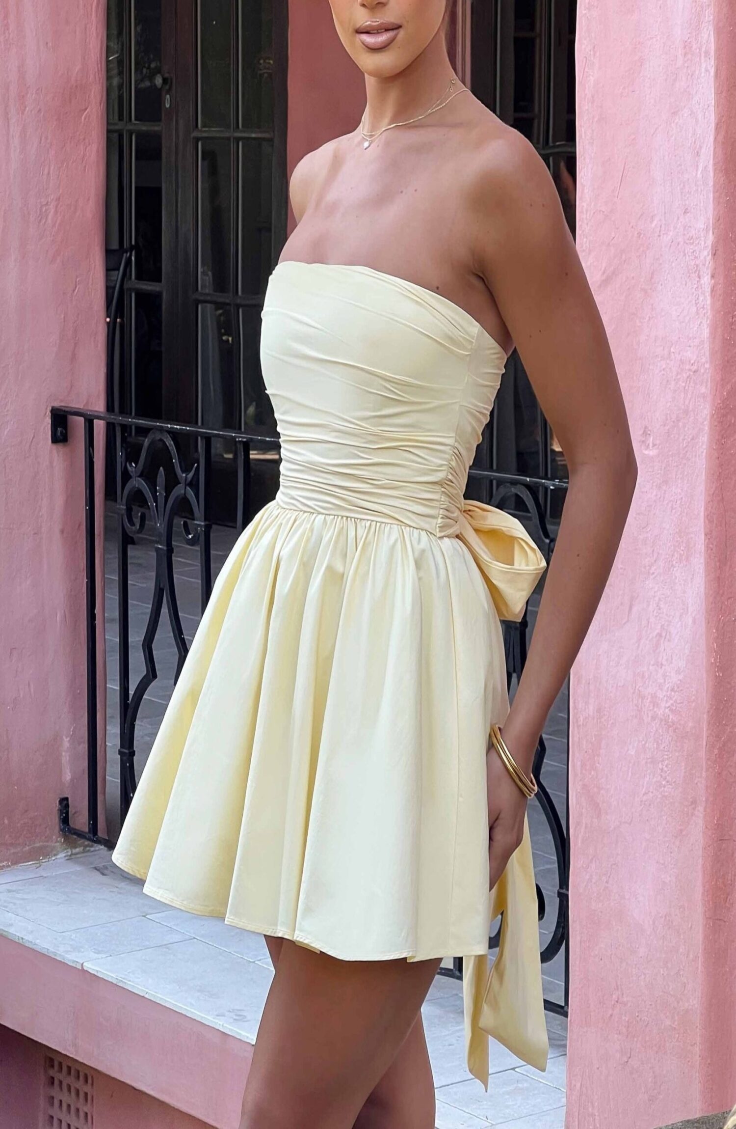 Katrina Mini Dress Lemon Strapless Corset Bow Detail Cotton