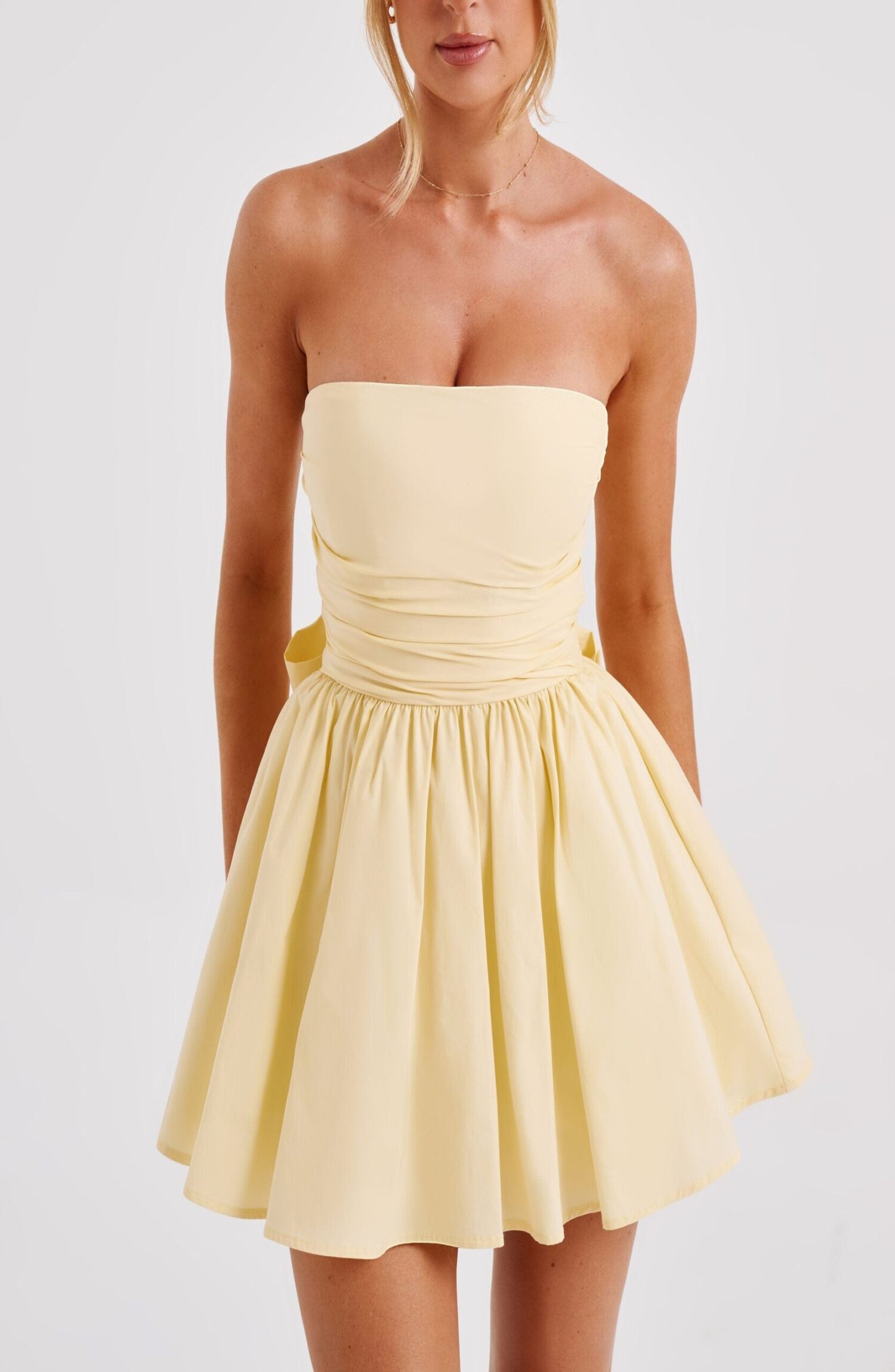 Katrina Mini Dress Lemon Strapless Corset Bow Detail Cotton - Image 8