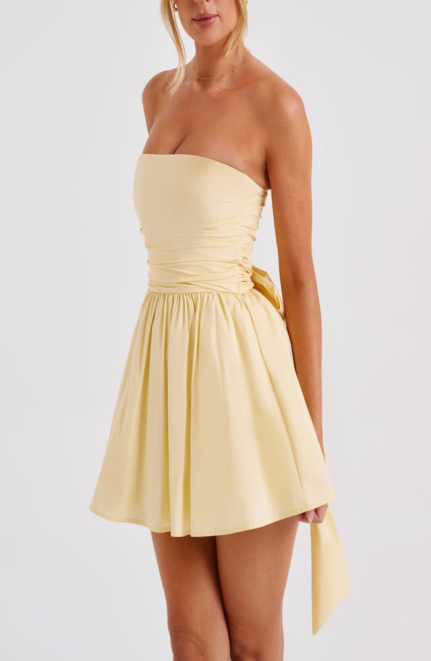 Katrina Mini Dress Lemon Strapless Corset Bow Detail Cotton - Image 6