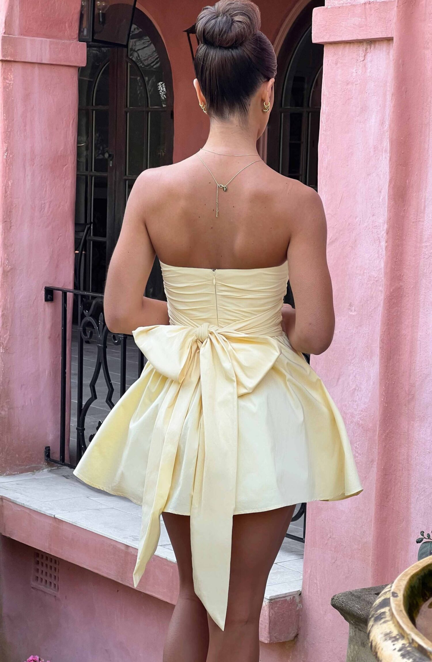 Katrina Mini Dress Lemon Strapless Corset Bow Detail Cotton - Image 2