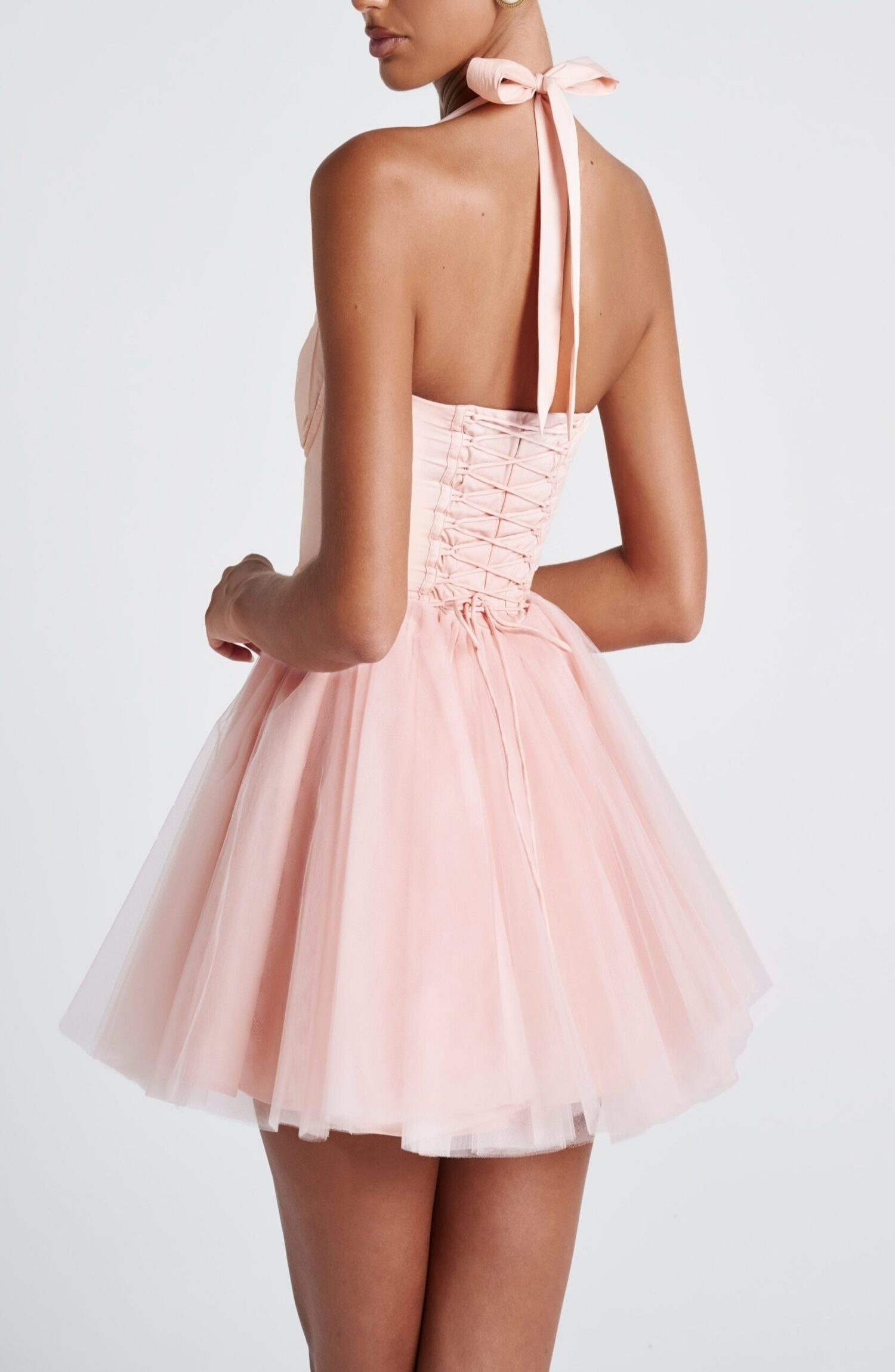 Keely Mini Dress Soft Peach Sweetheart Halter Lace-Up Tulle Skirt - Image 9