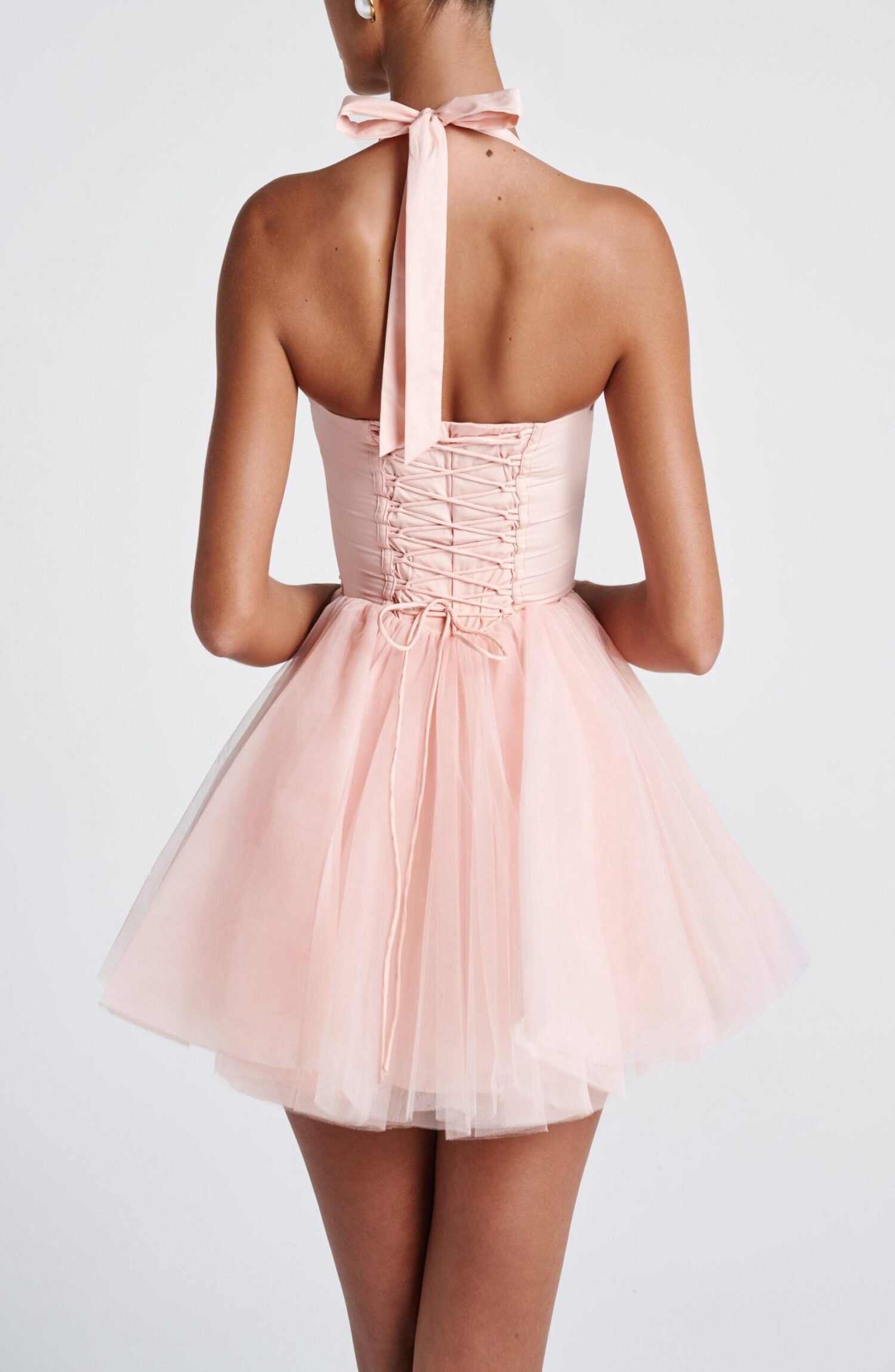 Keely Mini Dress Soft Peach Sweetheart Halter Lace-Up Tulle Skirt - Image 7