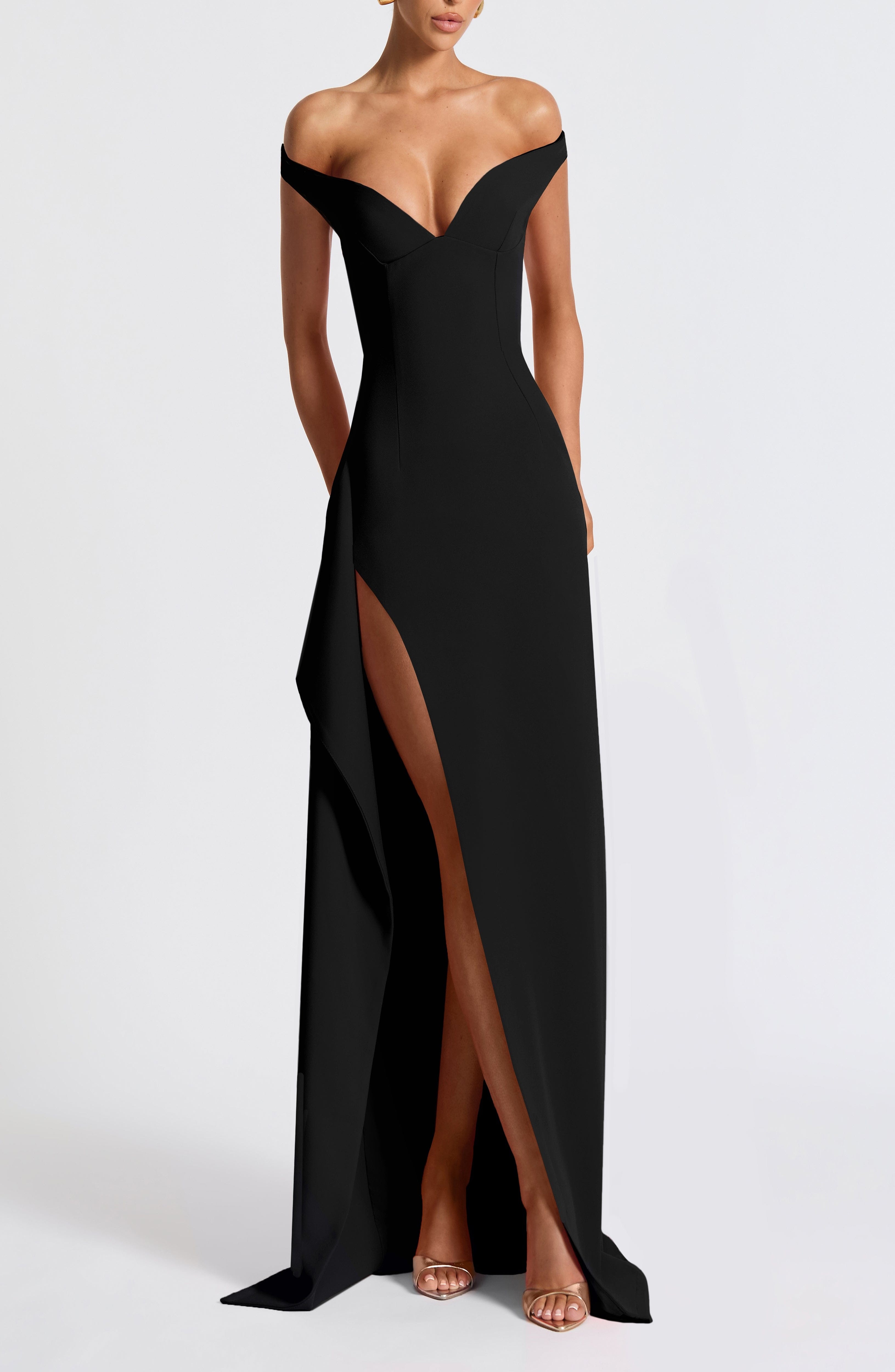 Khalesia Black Maxi Dress - Plunge Bardot Neckline, Crepe, High Split