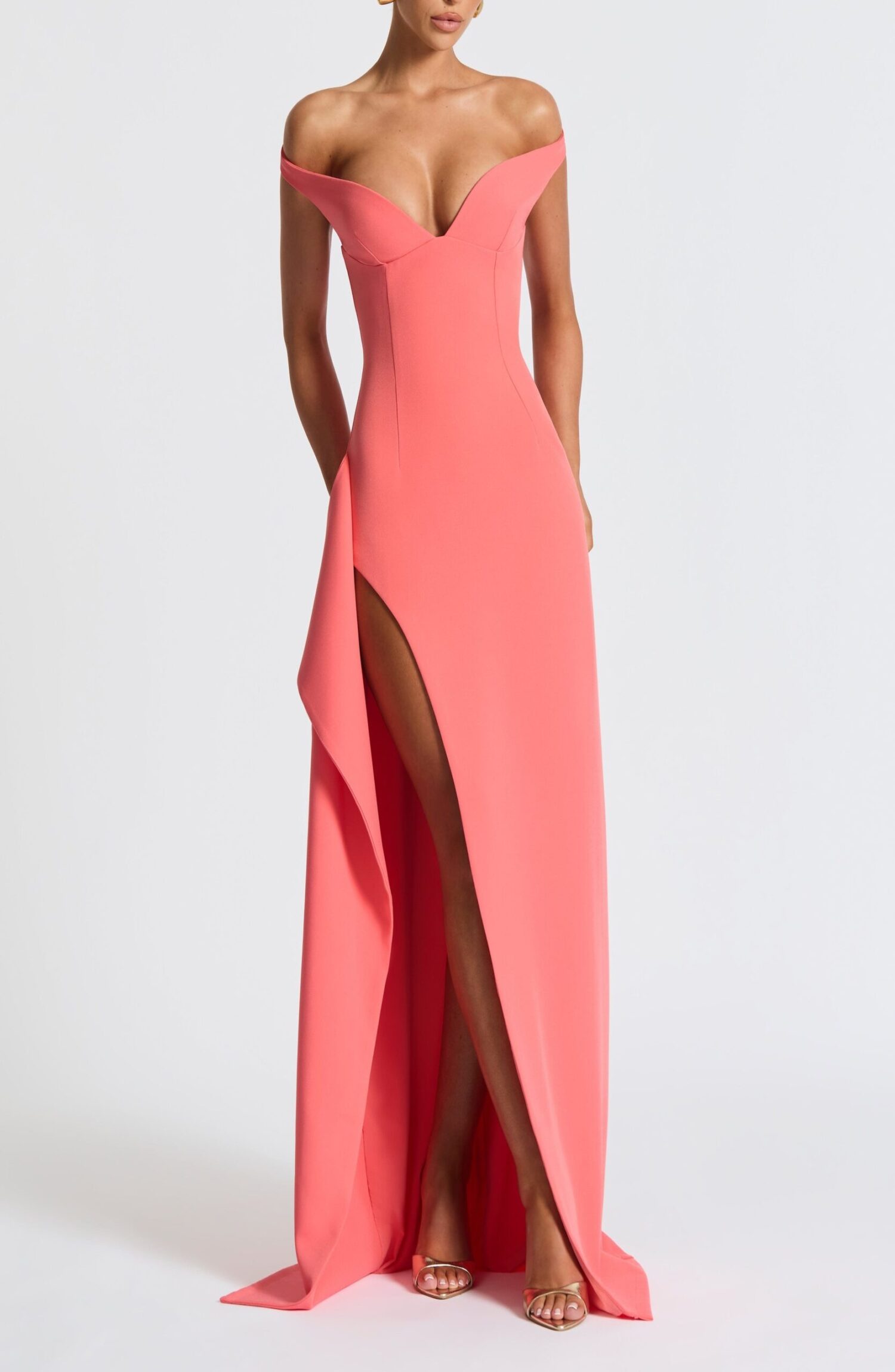 Khalesia Maxi Dress Coral Pink Bardot Neckline Draped Thigh Split