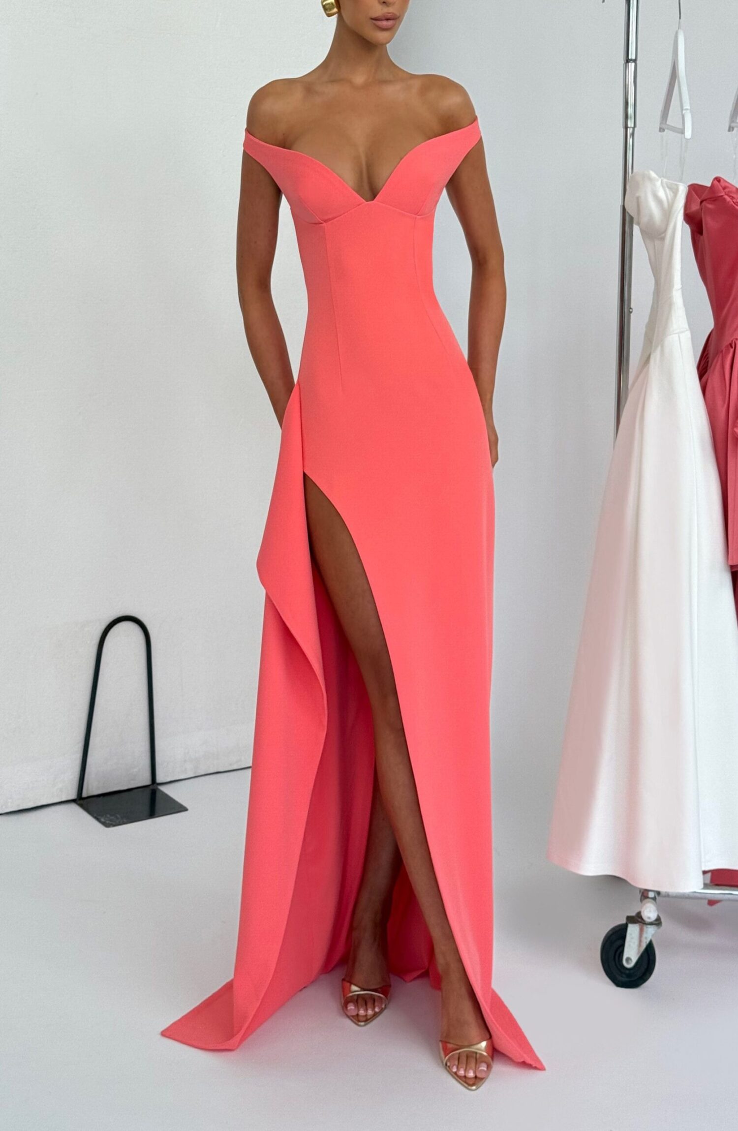 Khalesia Maxi Dress Coral Pink Bardot Neckline Draped Thigh Split - Image 4