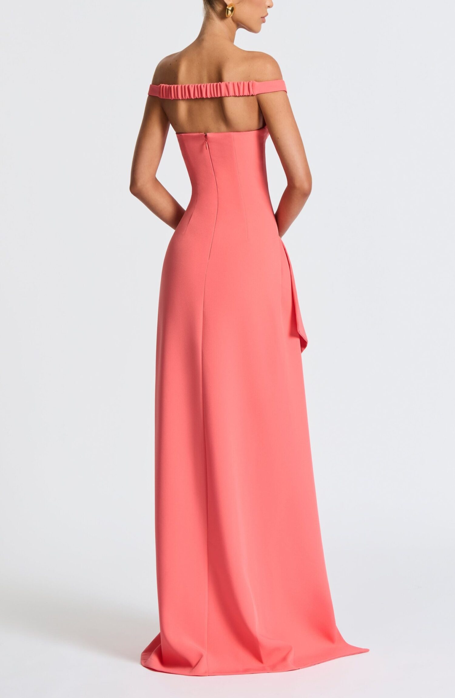 Khalesia Maxi Dress Coral Pink Bardot Neckline Draped Thigh Split - Image 3