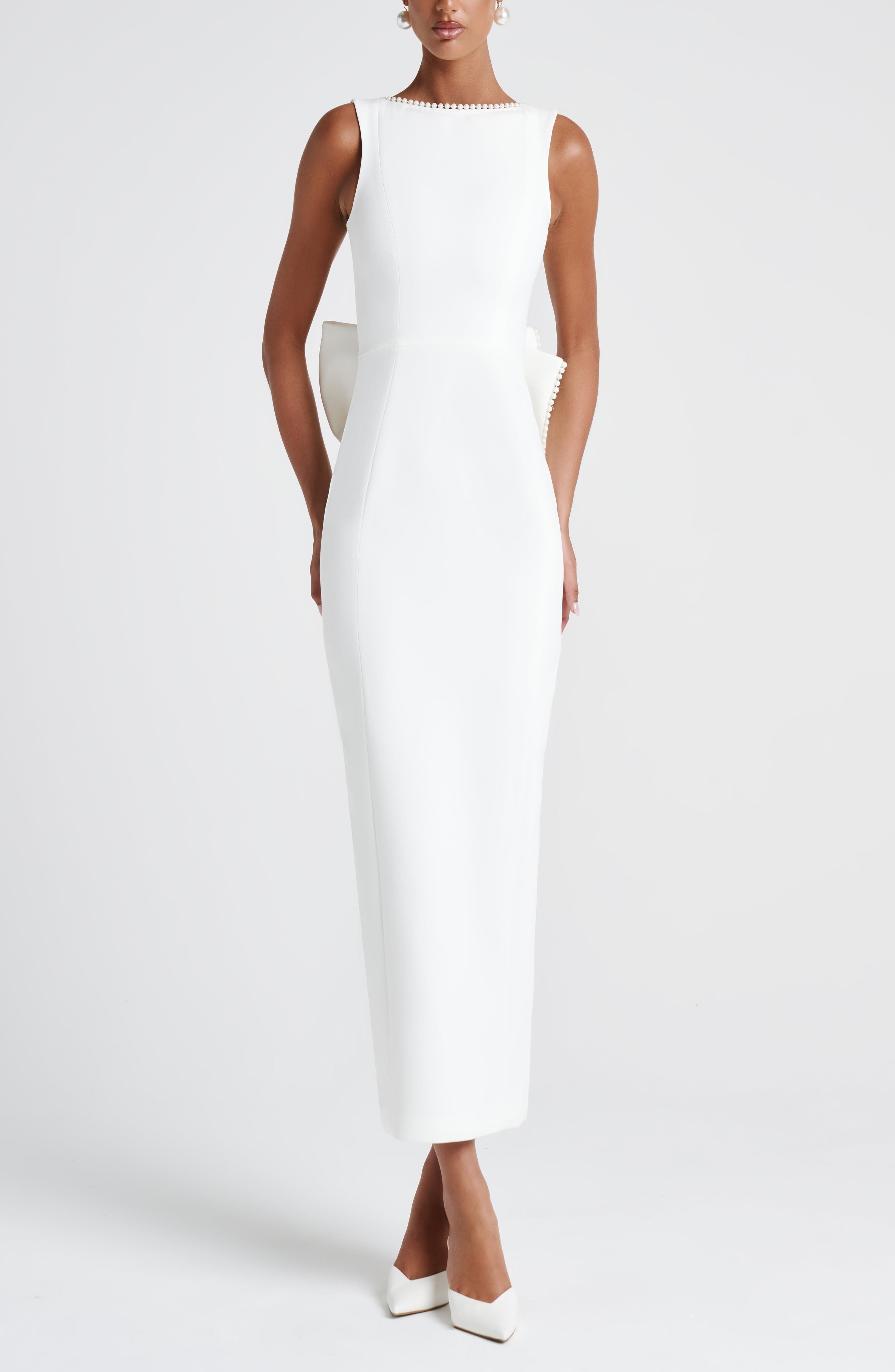 Lana Ivory Pearl Trim Midaxi Dress with Detachable Bow - Image 8