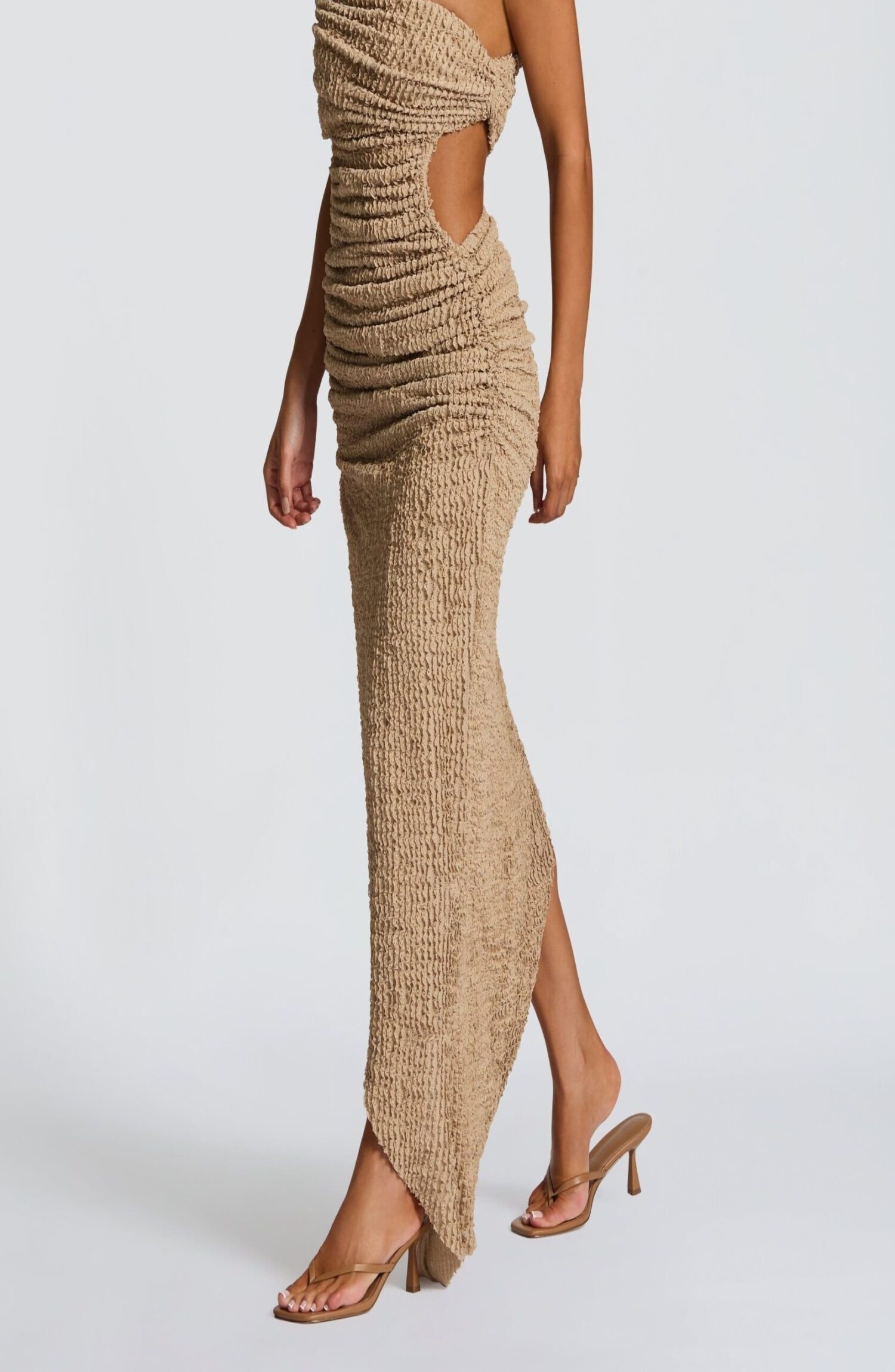 Laverna Beige Textured Bardot Midi Dress with Ruching & Side Cut-Out - Image 5