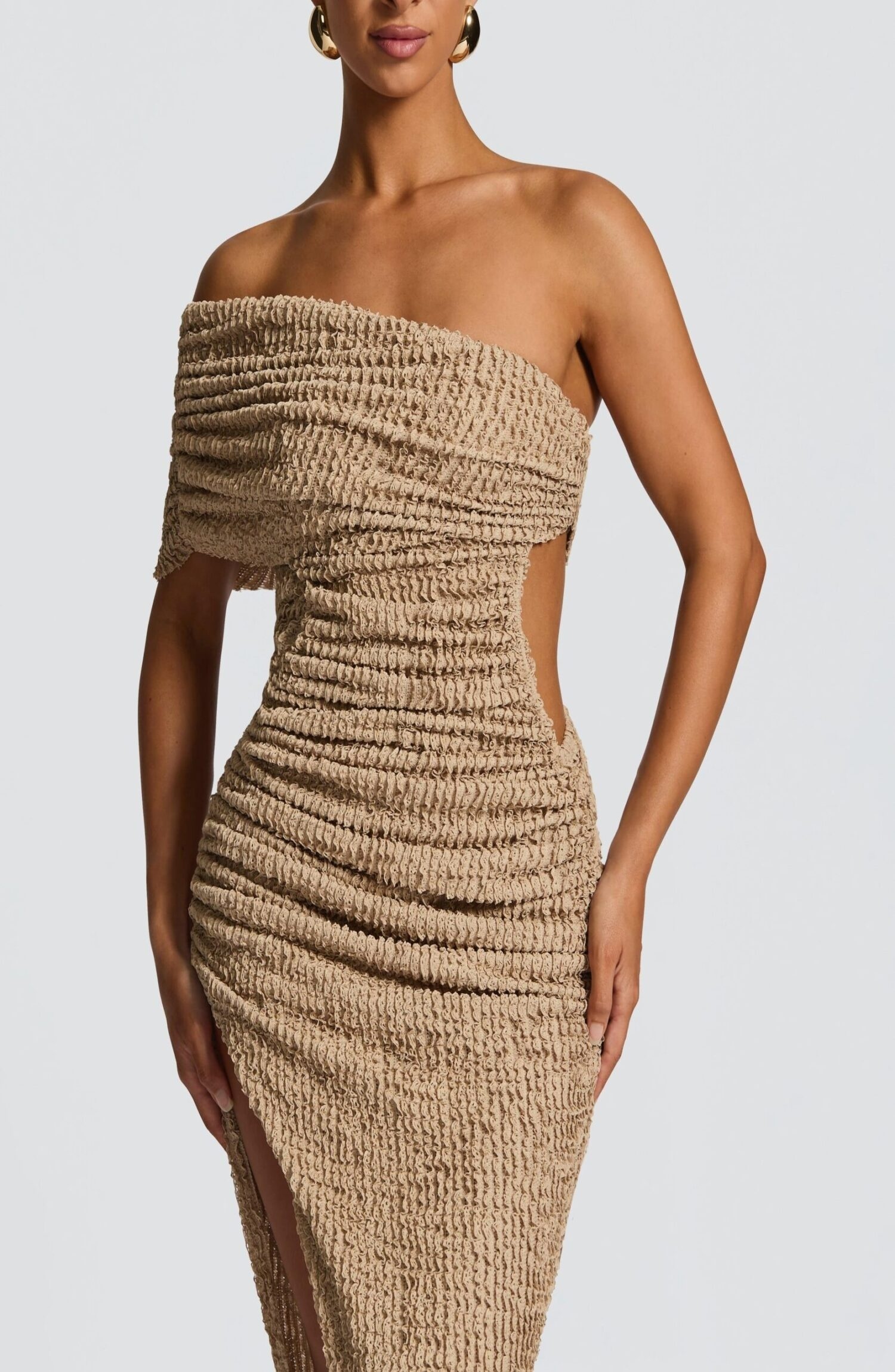 Laverna Beige Textured Bardot Midi Dress with Ruching & Side Cut-Out - Image 4