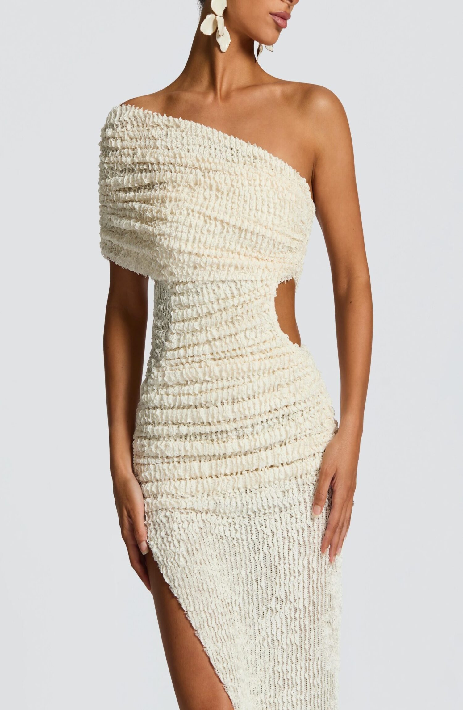 Laverna Ivory Midi Dress: Bardot Neck, Ruched Bodice, High-Low Hem - Image 5