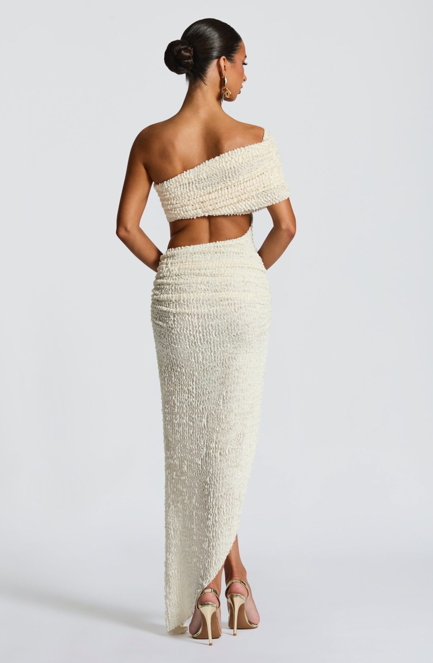 Laverna Ivory Midi Dress: Bardot Neck, Ruched Bodice, High-Low Hem - Image 2